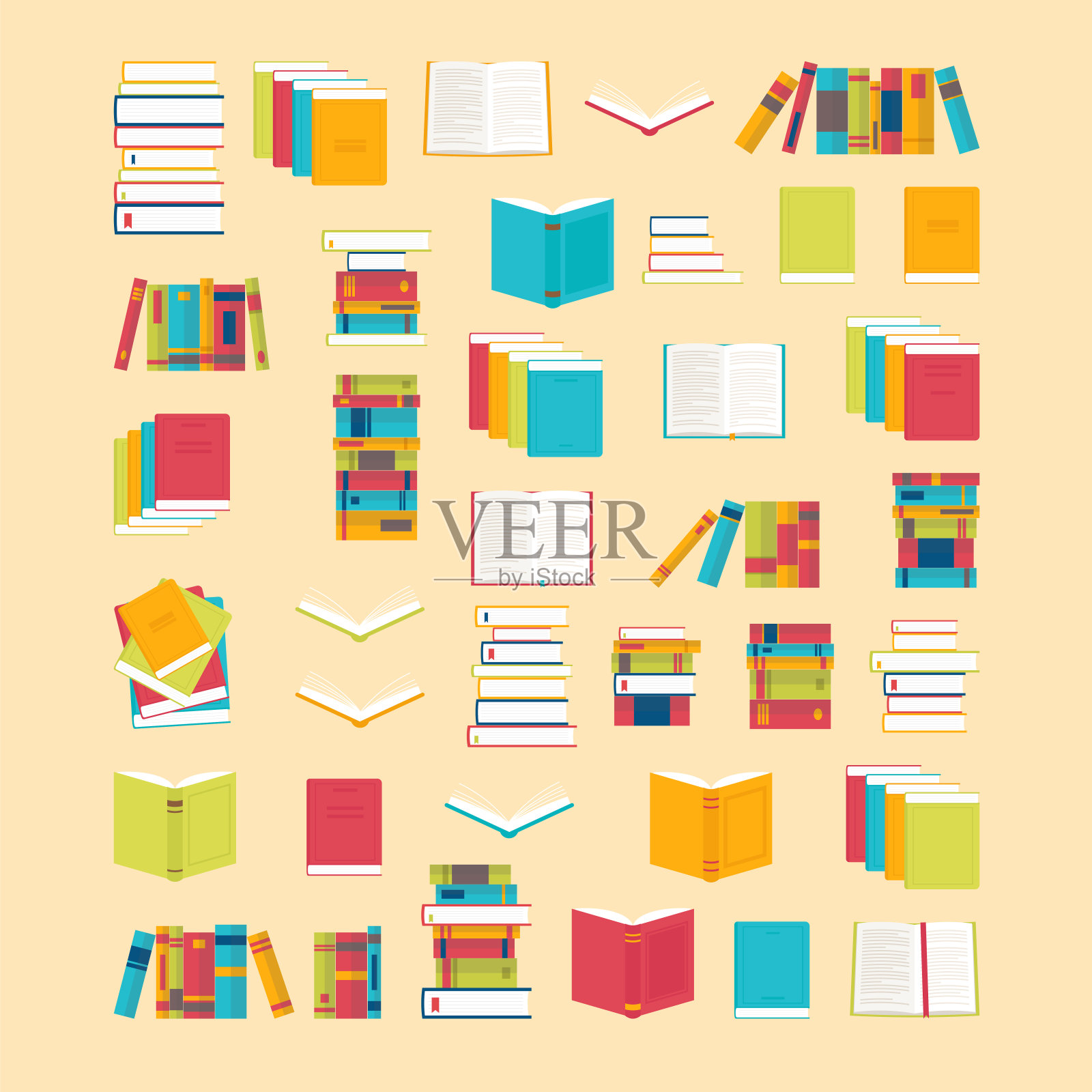书籍图标设置在平坦的风格为您的设计。学校背景的书籍。图书馆、书店。教育的概念插画图片素材