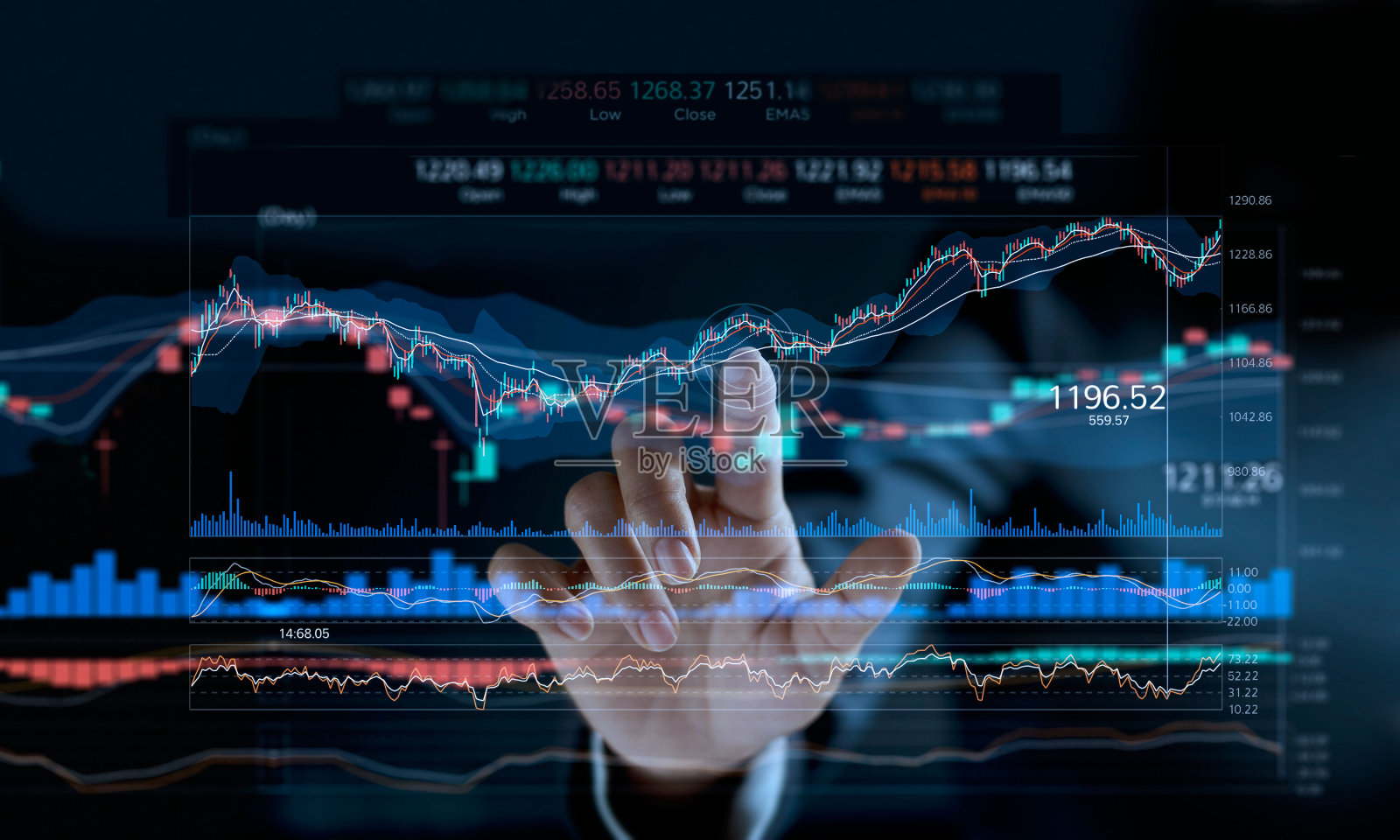 商人在虚拟屏幕上触摸股票市场图表。照片摄影图片