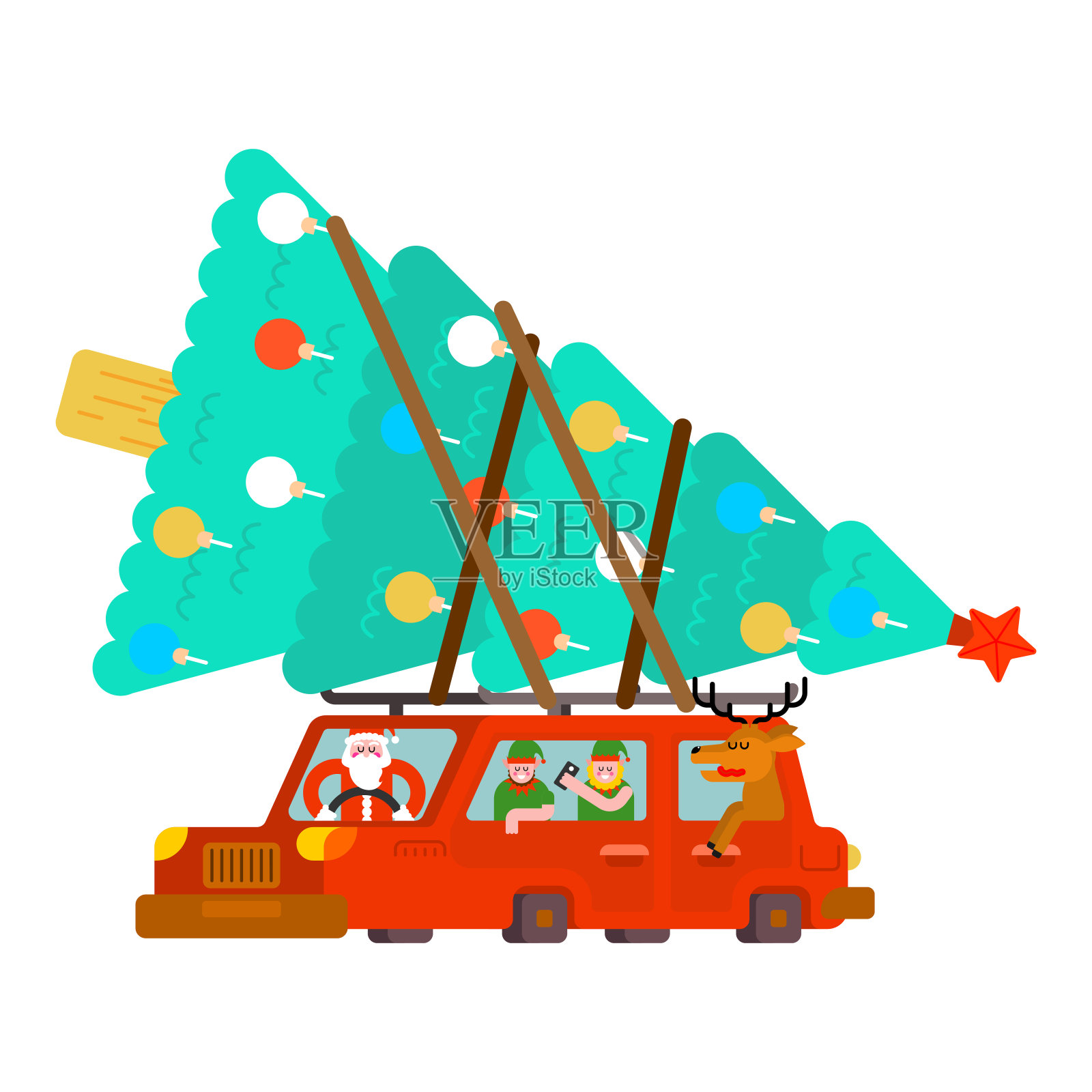 圣诞老人，小鹿和小精灵在车里。携带圣诞树和礼物。新年快乐。圣诞节矢量图设计元素图片