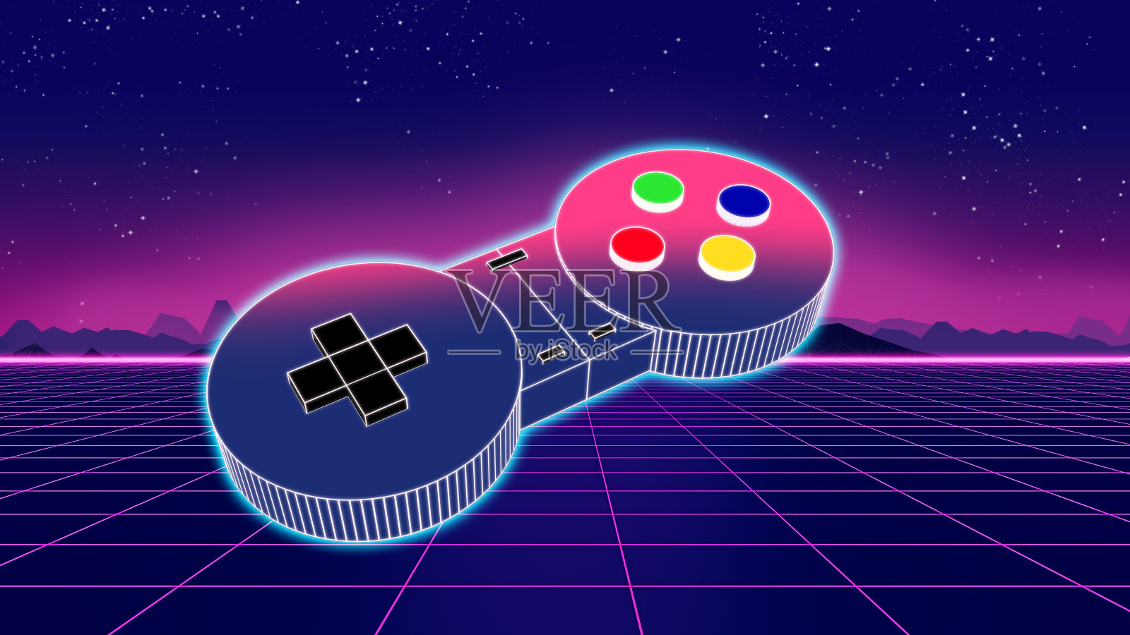 复古游戏控制器上的彩色背景3d插图照片摄影图片
