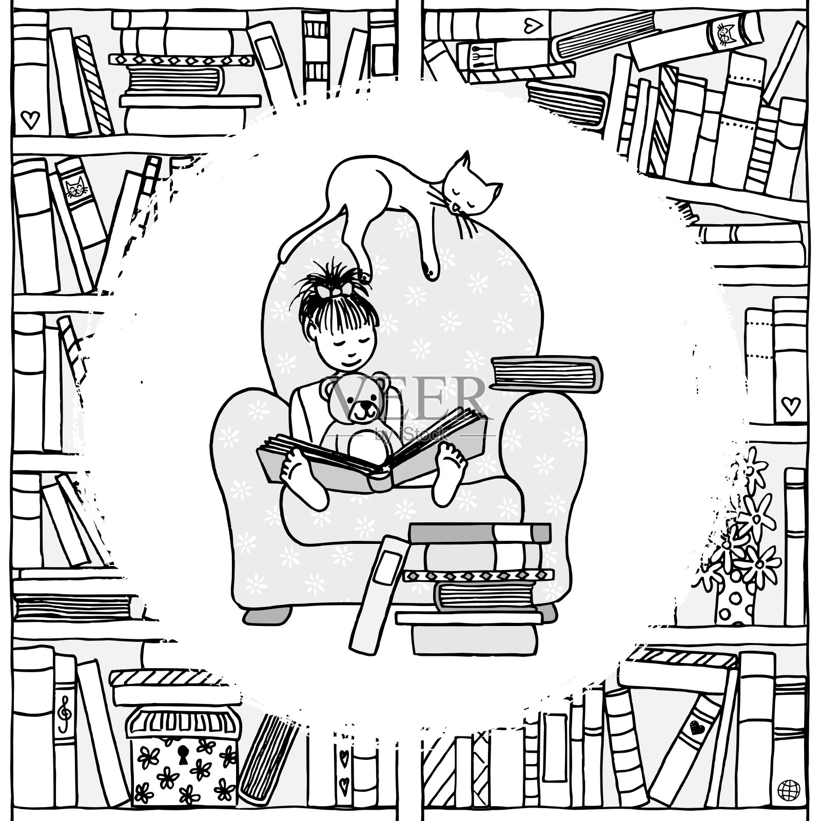 坐在扶手椅上看书的女孩插画图片素材