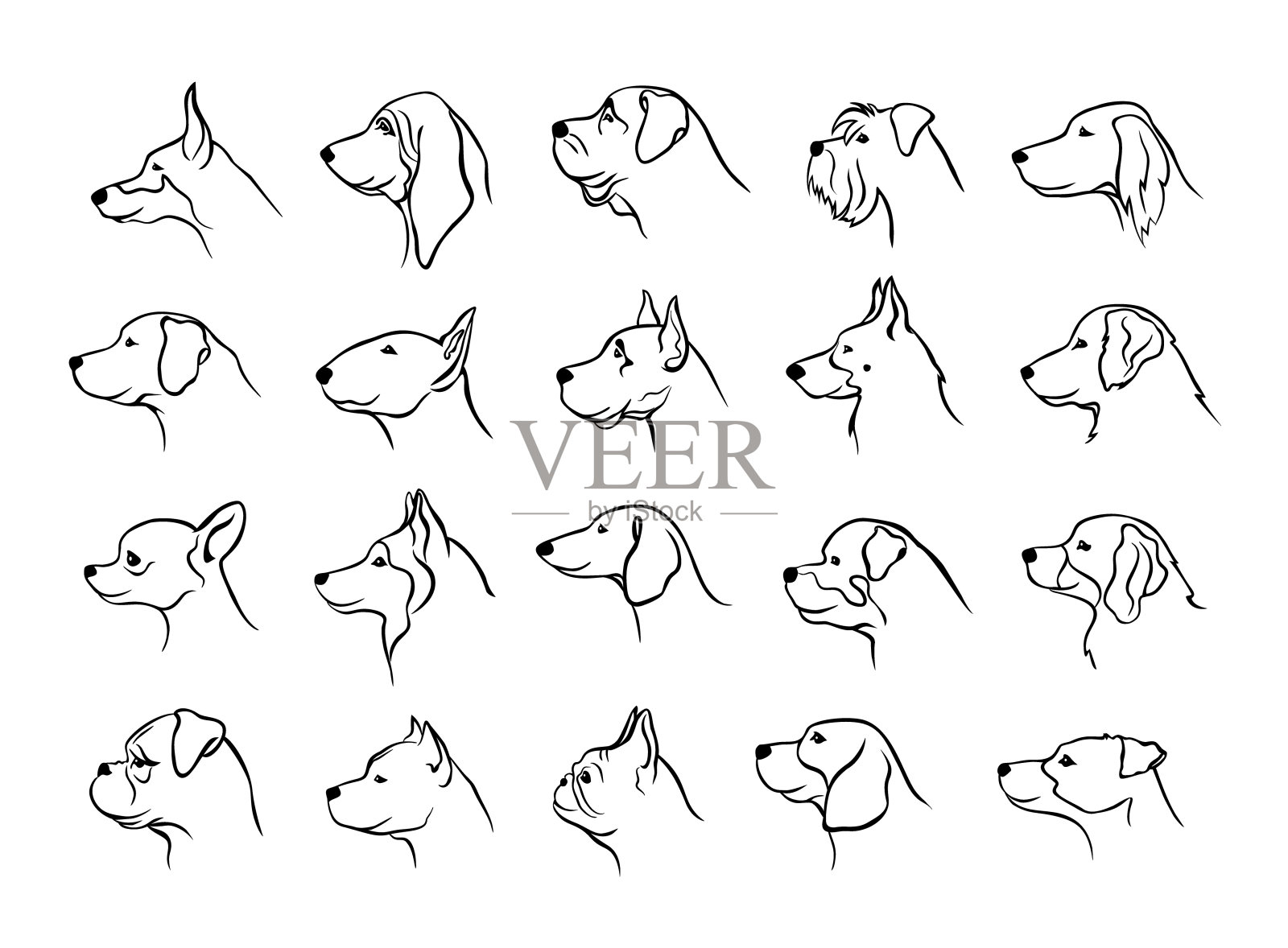 收集的狗头侧面侧面的肖像剪影在黑色插画图片素材