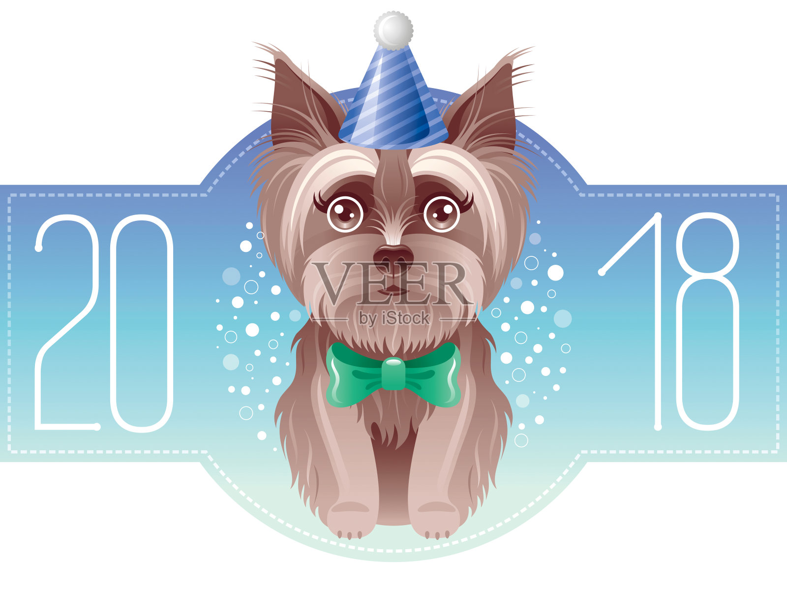 祝你2018年新年快乐。中国新年狗年象征，东方节日，孤立白色背景海报邀请设计。平面卡通人物图标，约克夏犬矢量插图插画图片素材