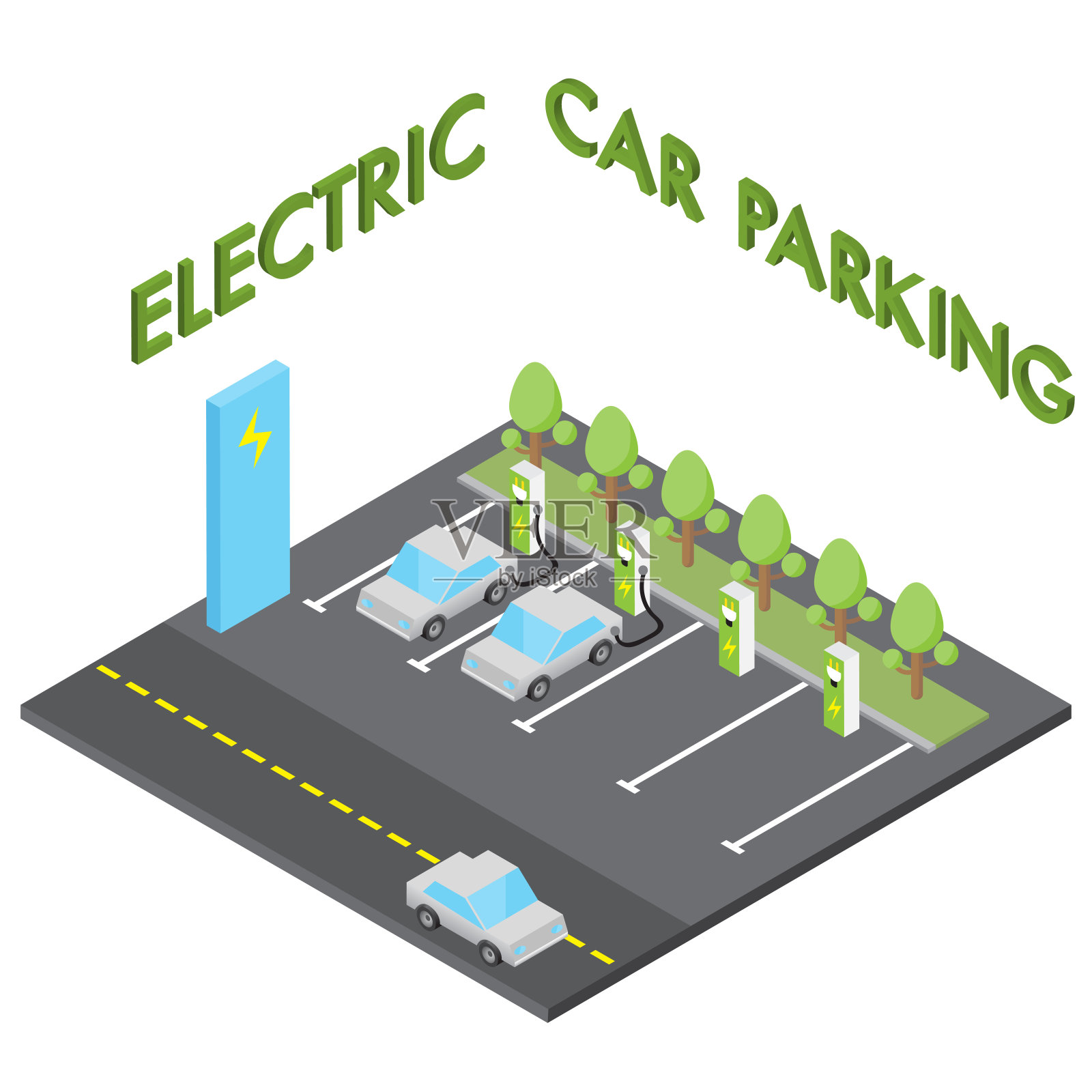 电动汽车停车概念，等距汽车充电站插画图片素材