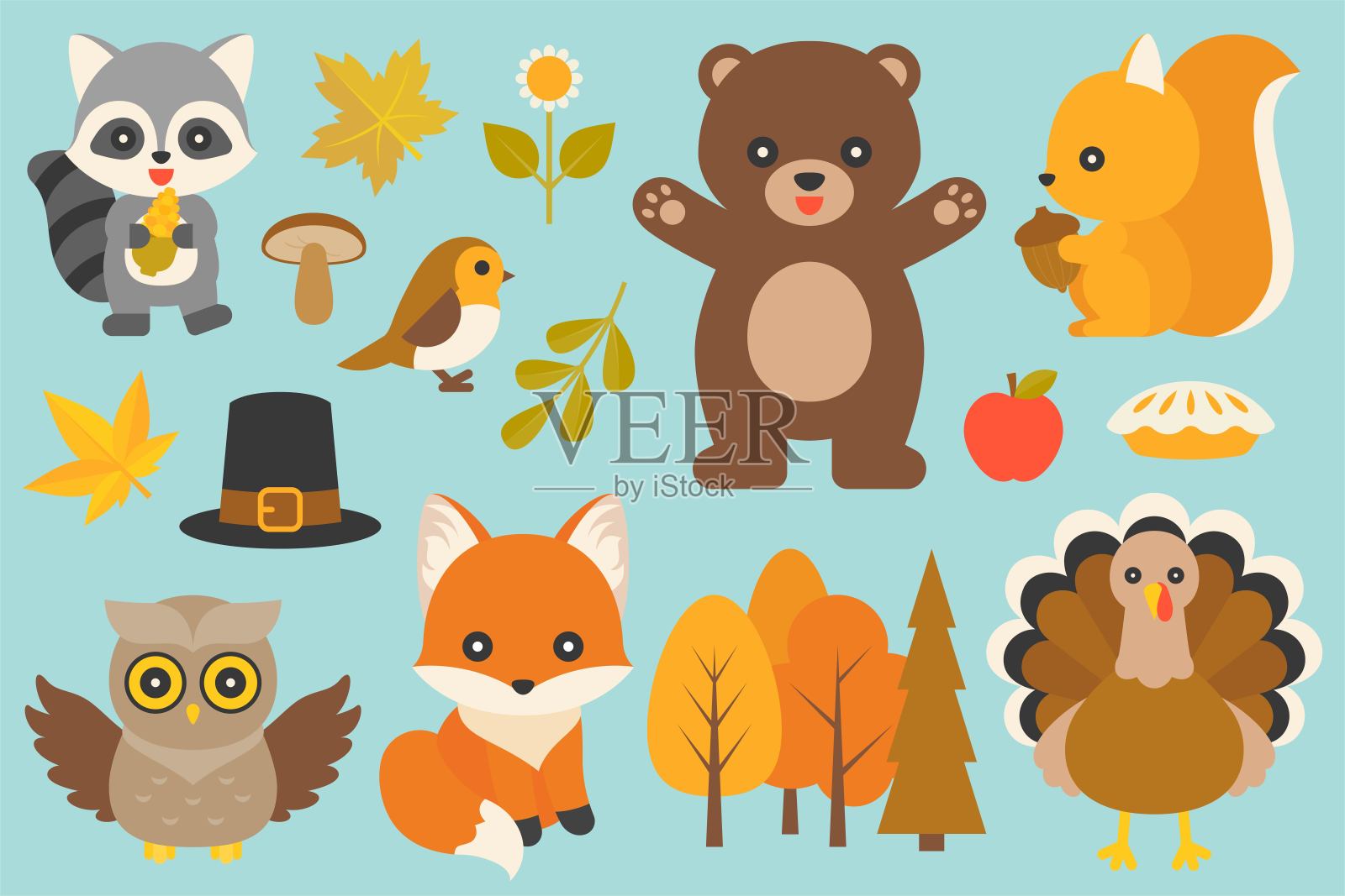 平面设计有熊、火鸡、鸟、狐狸、猫头鹰、浣熊、蘑菇、枫叶、带叶子的树枝、感恩节和秋季朝圣帽等野生动物和元素插画图片素材