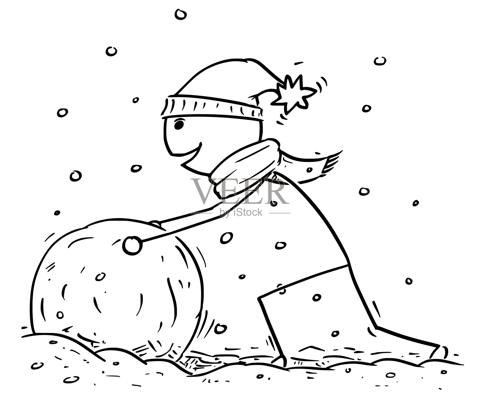在冬天下雪的时候，人们堆雪人插画图片素材