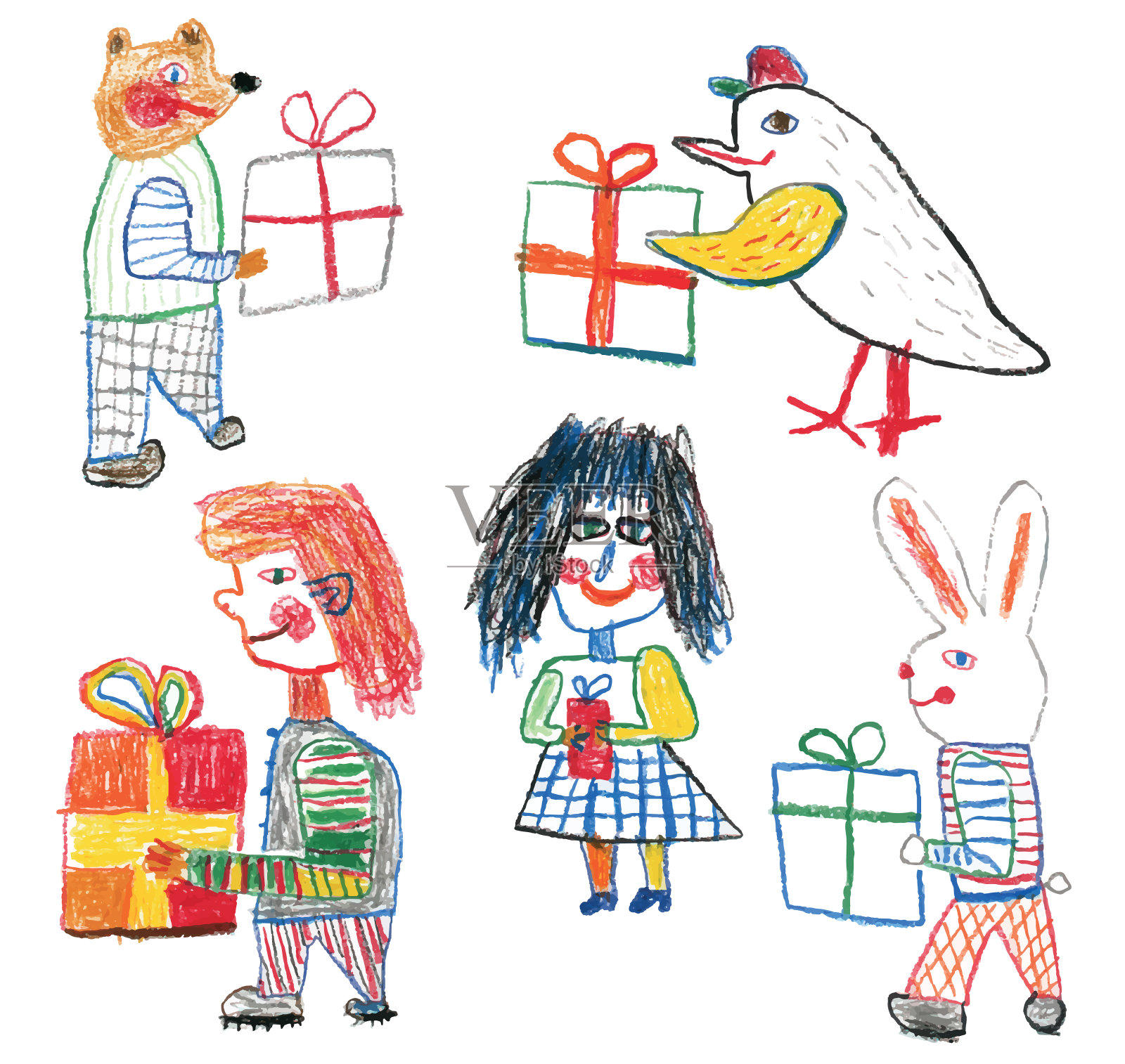 人，熊，兔子和礼品盒插画图片素材