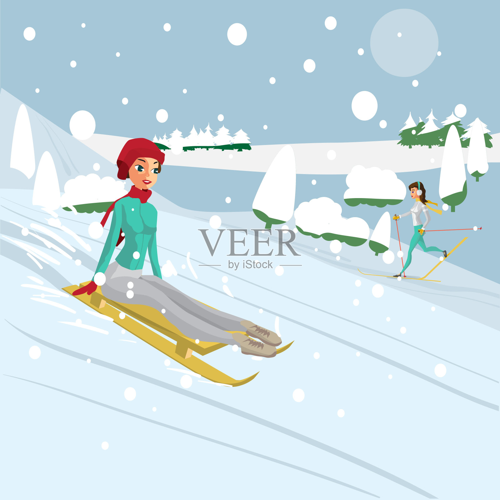 漂亮的年轻女子骑着雪橇骑着雪橇插画图片素材