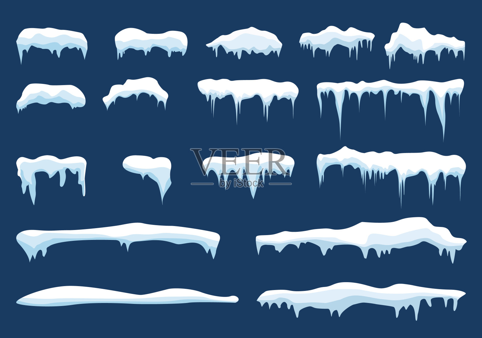 雪套冰柱，雪帽孤立。雪元素在冬天的背景。矢量模板卡通风格插画图片素材