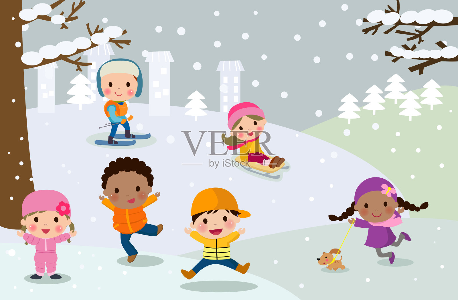 快乐的孩子们在雪地里玩耍插画图片素材