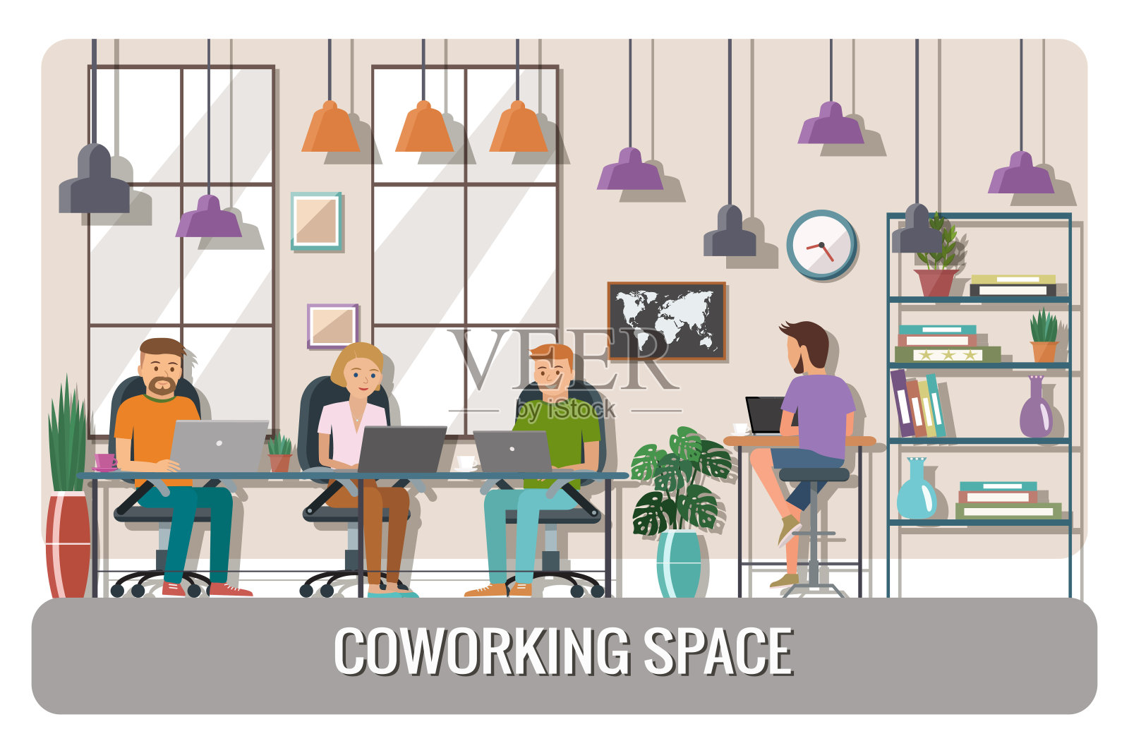 共同工作空间的矢量插图。工作的地方,办公室。在创意办公室工作的人。插画图片素材