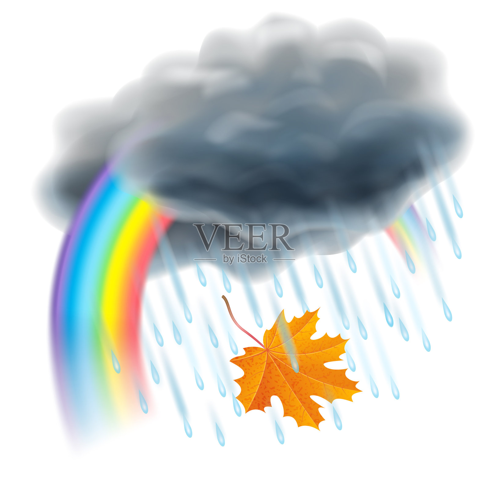 雨插图。现实的灰色云彩，雨滴，彩虹和落下的橙色枫叶。秋天又下雨，天气不同，季节不同。矢量插图。设计元素图片