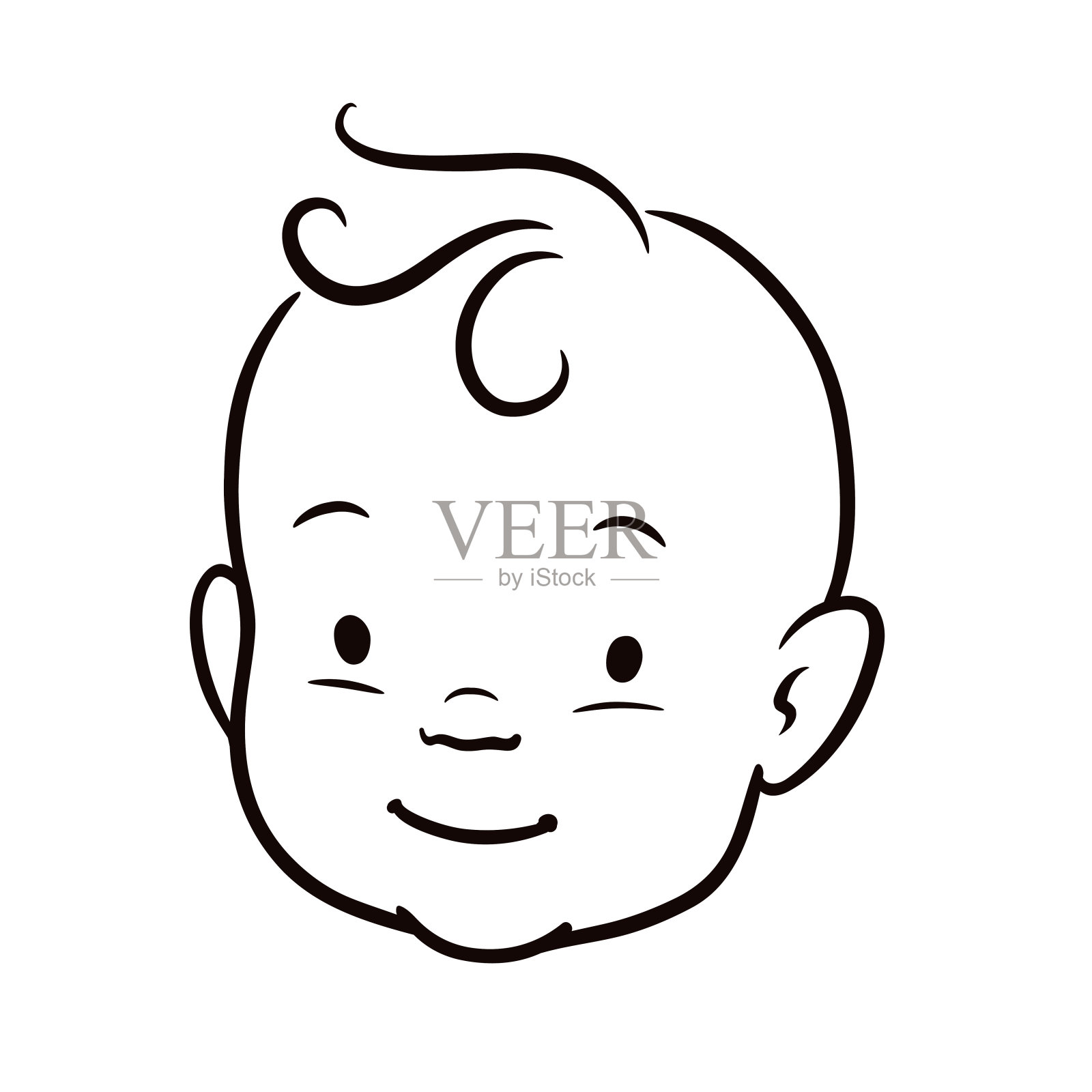 黑白简单线矢量卡通插图一个微笑的婴儿的脸。钢笔和墨水手绘。设计元素图片