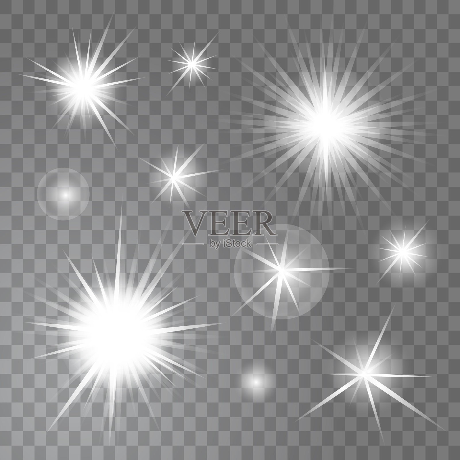 矢量明亮发光的光线太阳和星星爆发在透明的背景设置设计元素图片