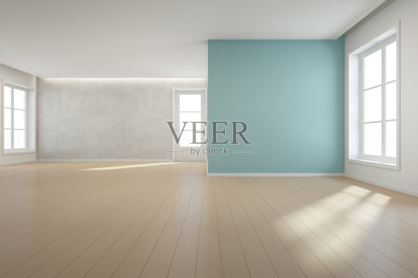 现代新住宅大房间蓝色混凝土墙背景木地板，空厅或自然光工作室白色复古门窗插画图片素材