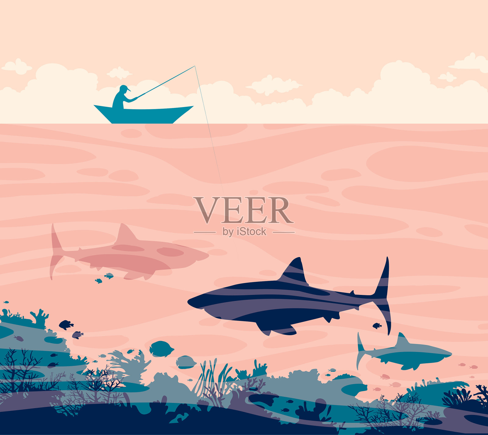 渔夫和鲨鱼。插画图片素材
