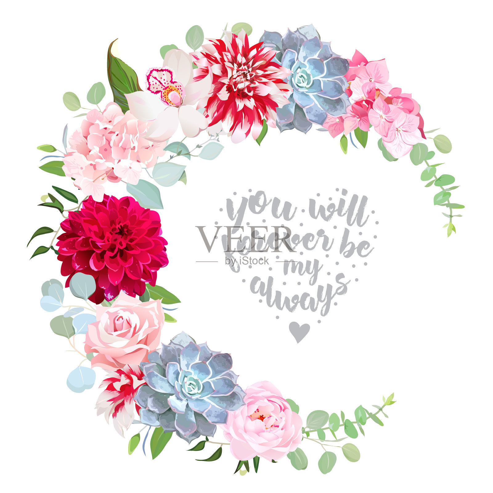 混合花载体圆形框架与玫瑰，绣球花，大丽花，或插画图片素材