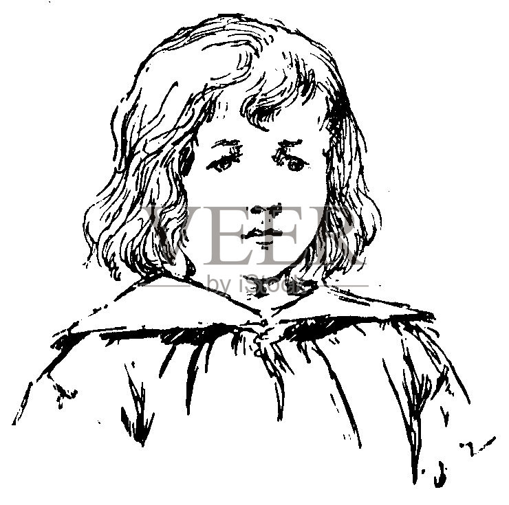 维多利亚时代的雕刻，一个看起来很担心的年轻女孩;19世纪的女性肖像。设计元素图片