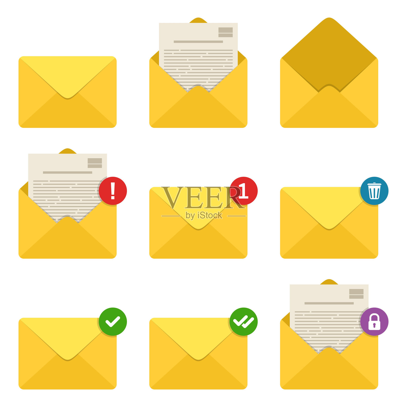 邮件信封通知图标设置。概念传入电子邮件信息，通信，邮件递送服务的社交网络，网络或移动应用程序图标素材