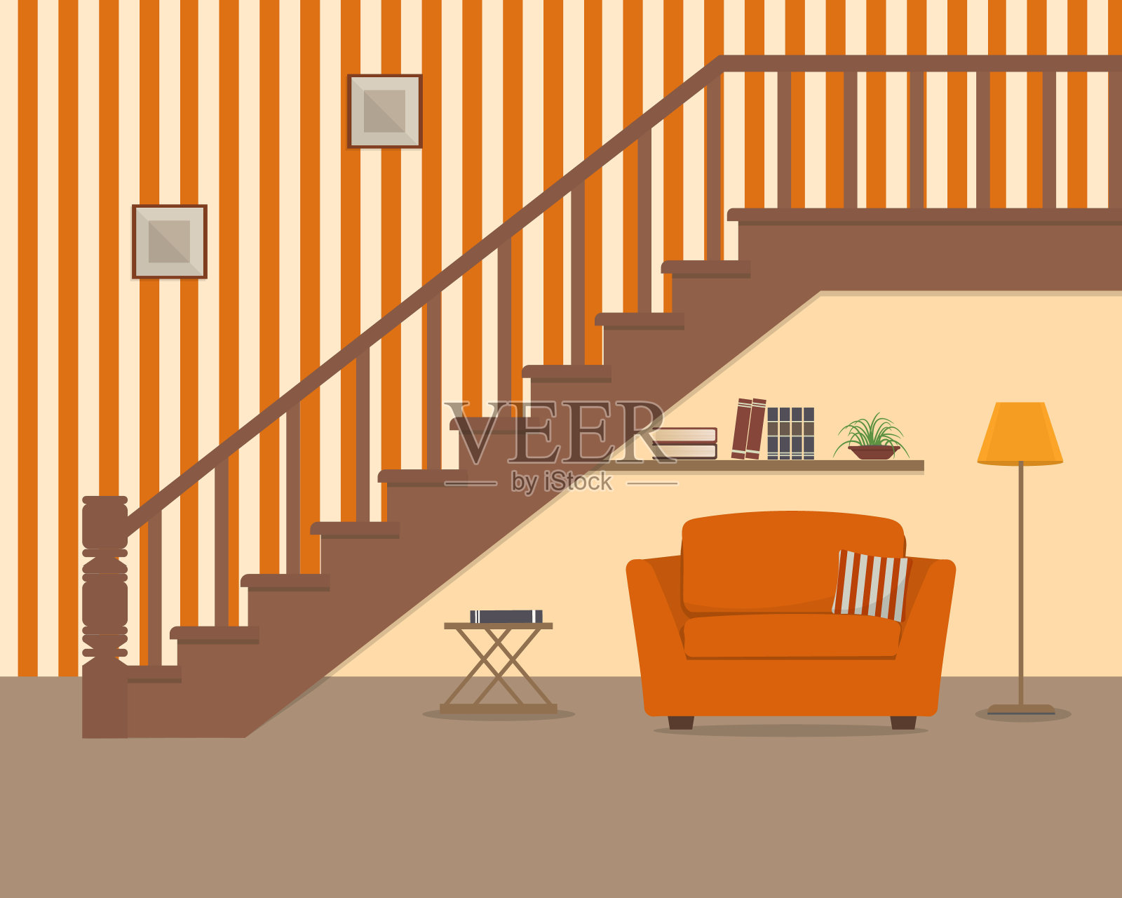 橙色扶手椅，在楼梯下面插画图片素材