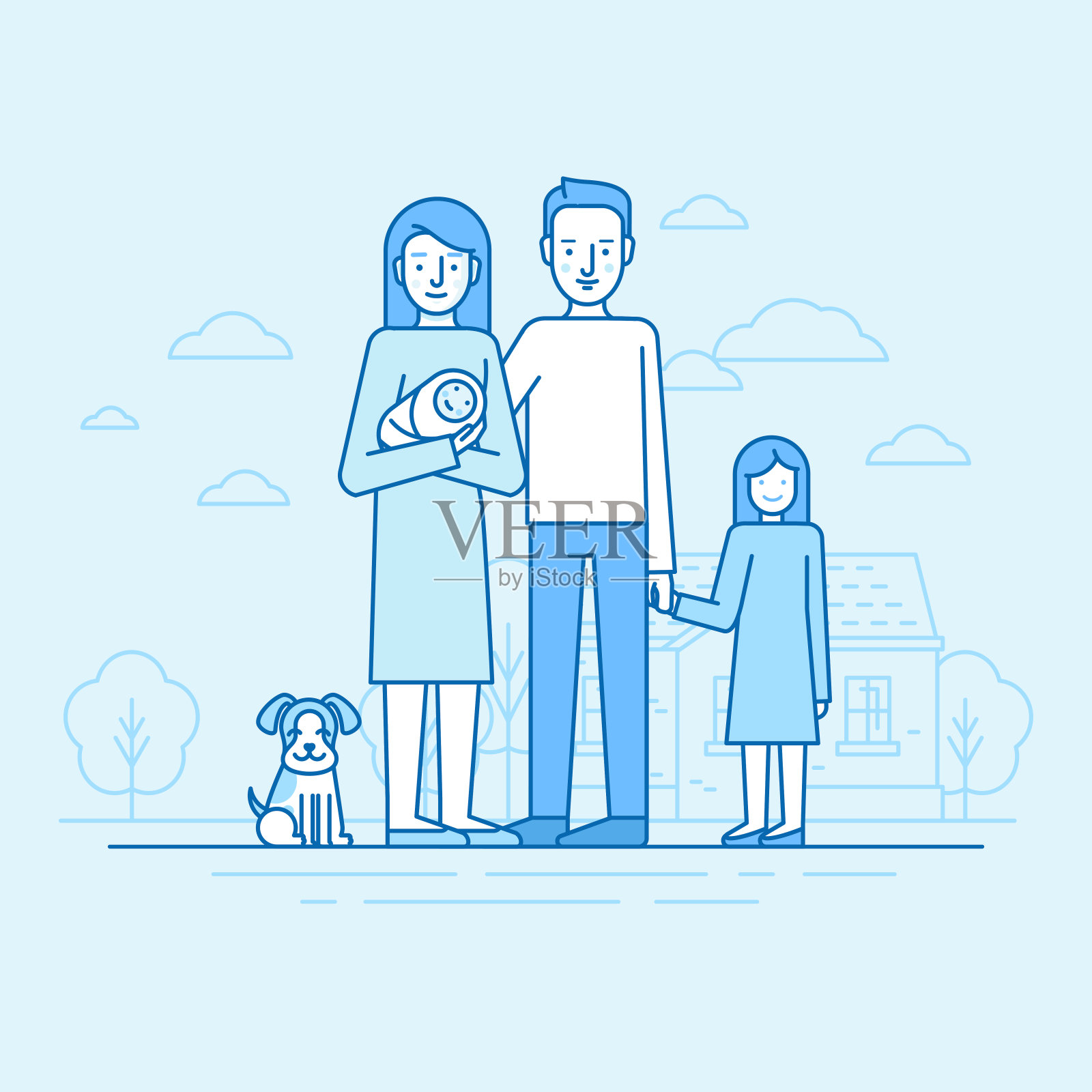矢量平面线性插图在蓝色的幸福年轻的家庭插画图片素材