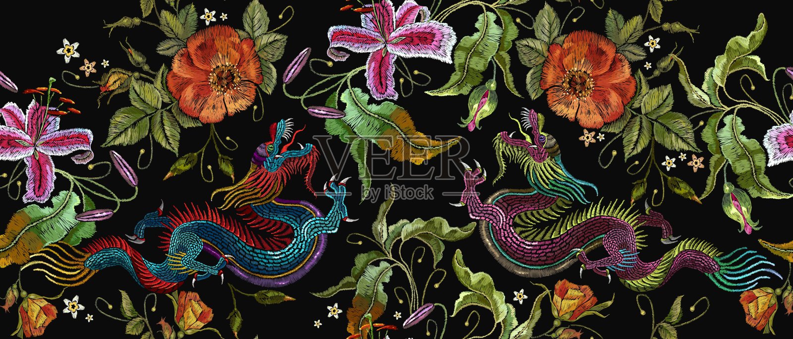 刺绣两种中国龙和玫瑰花朵无缝图案。古典刺绣亚洲龙和美丽的红玫瑰矢量。艺术龙t恤设计。服装、纺织品设计模板插画图片素材
