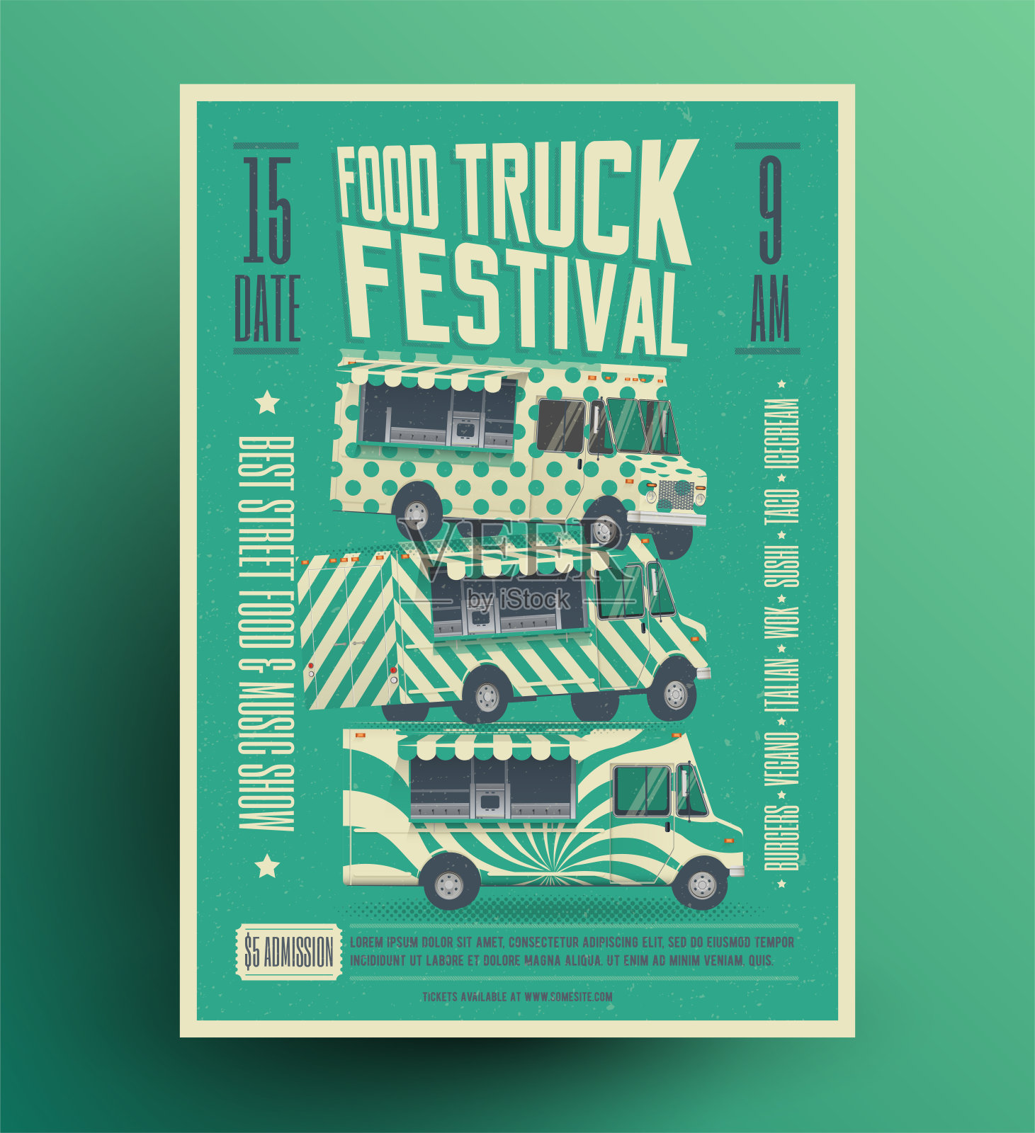 街头食品卡车节海报传单模板。矢量插图。设计模板素材