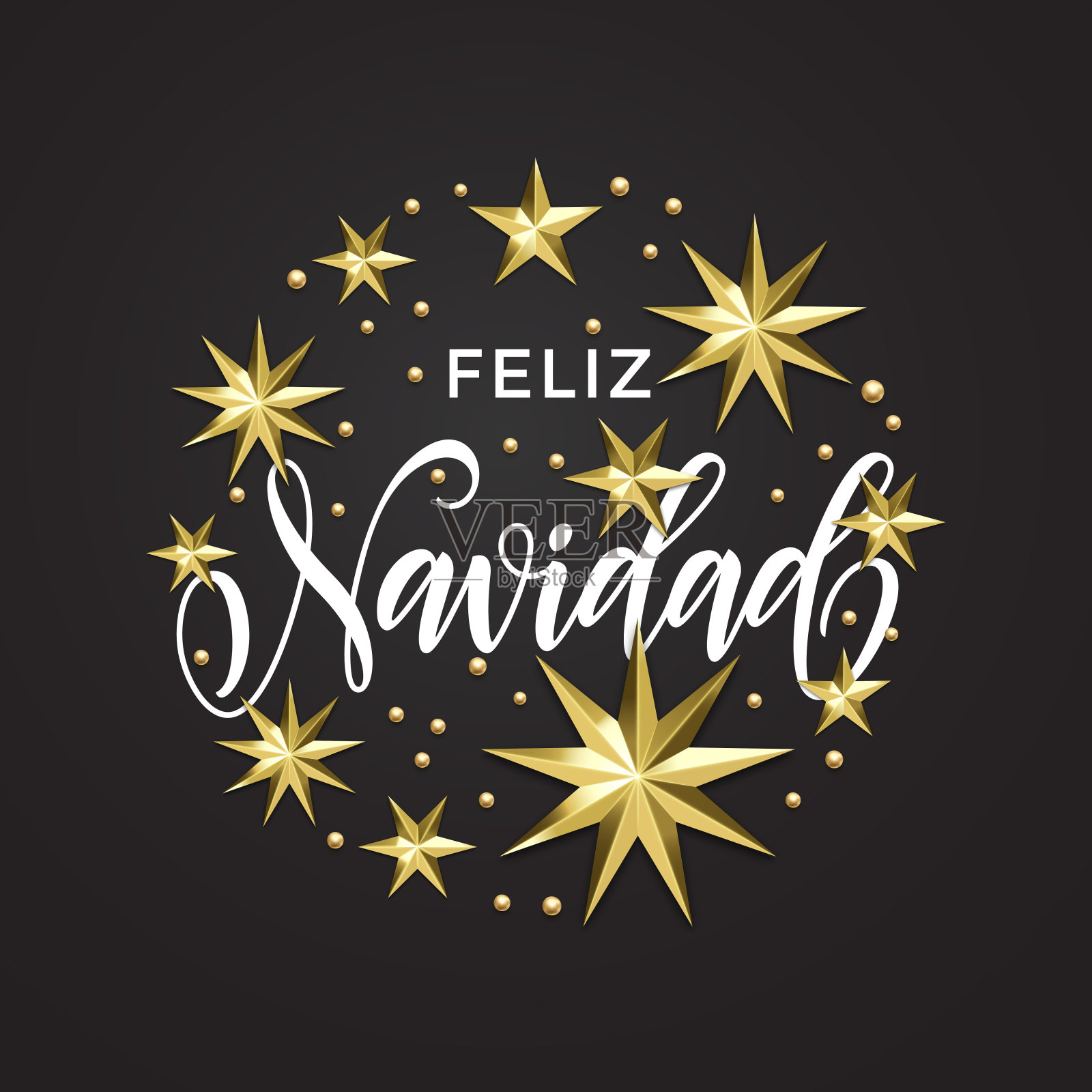 西班牙圣诞黄金星装饰和书法字体的圣诞节日邀请贺卡。向量圣诞，新年金灿灿装饰白色背景设计模板素材