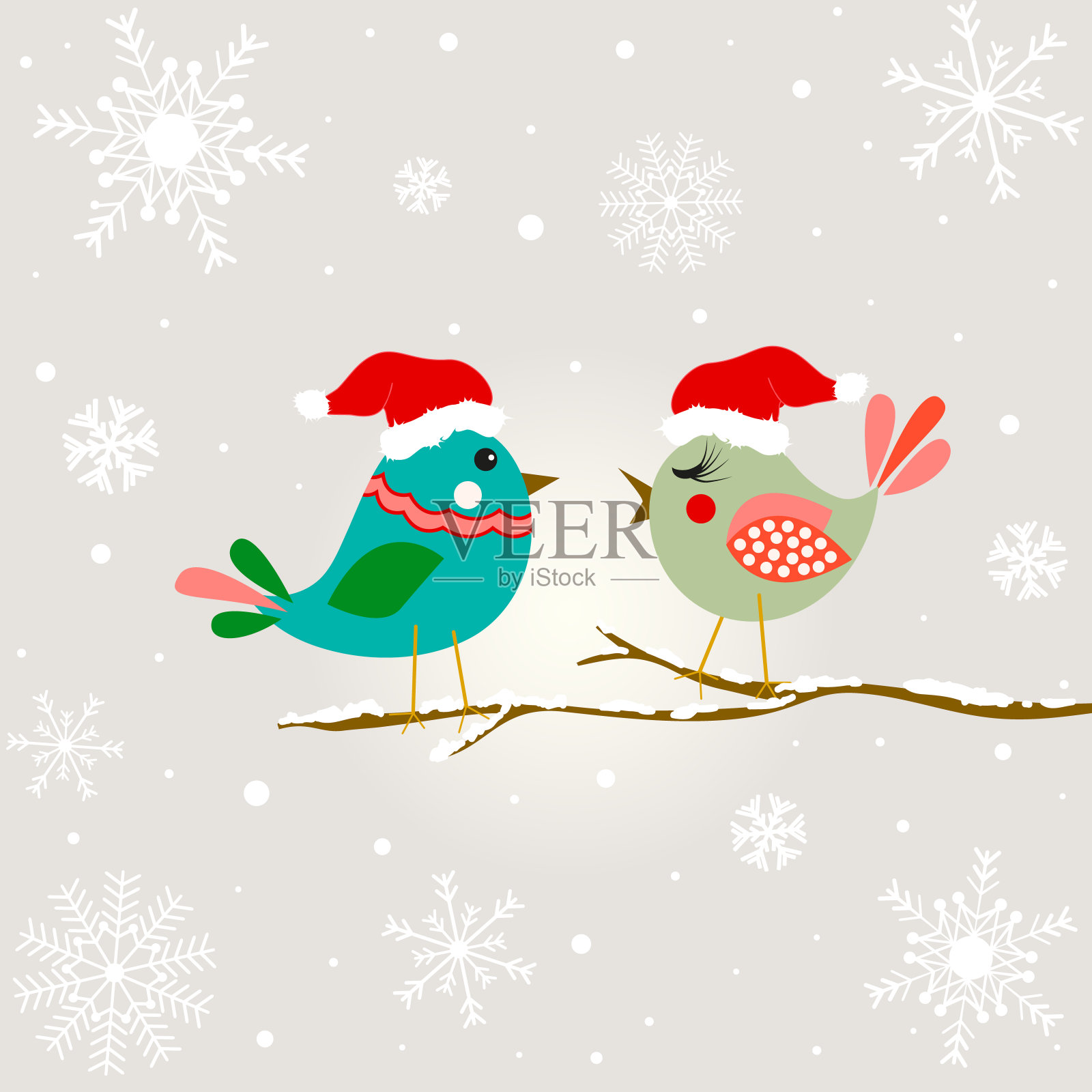 圣诞树上有小鸟。贺年卡设计。插画图片素材