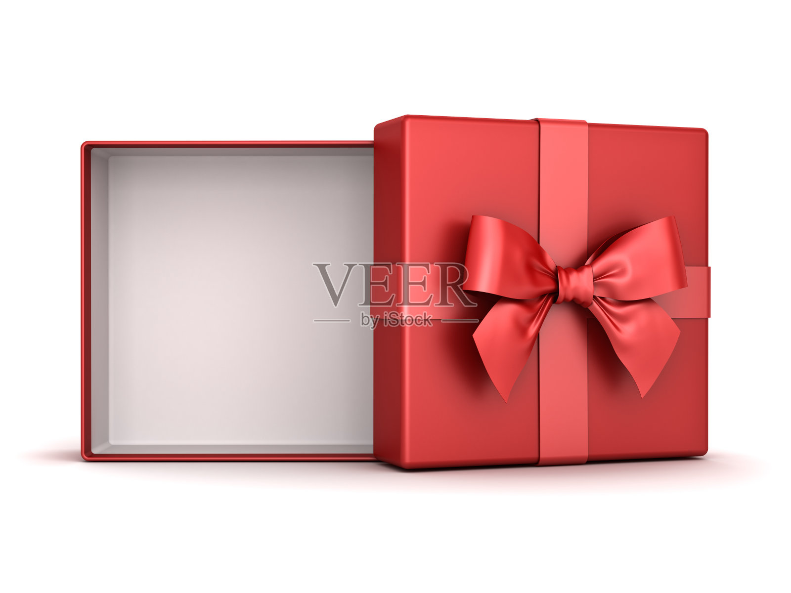 红色礼盒打开或礼品盒与红色丝带蝴蝶结和盒子内的空白孤立在白色背景与阴影插画图片素材
