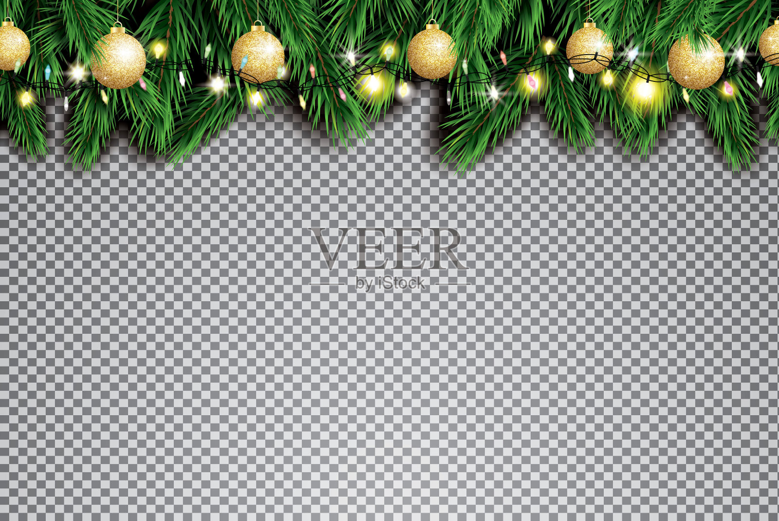 冷杉枝与霓虹灯和金色圣诞球在透明的背景。插画图片素材