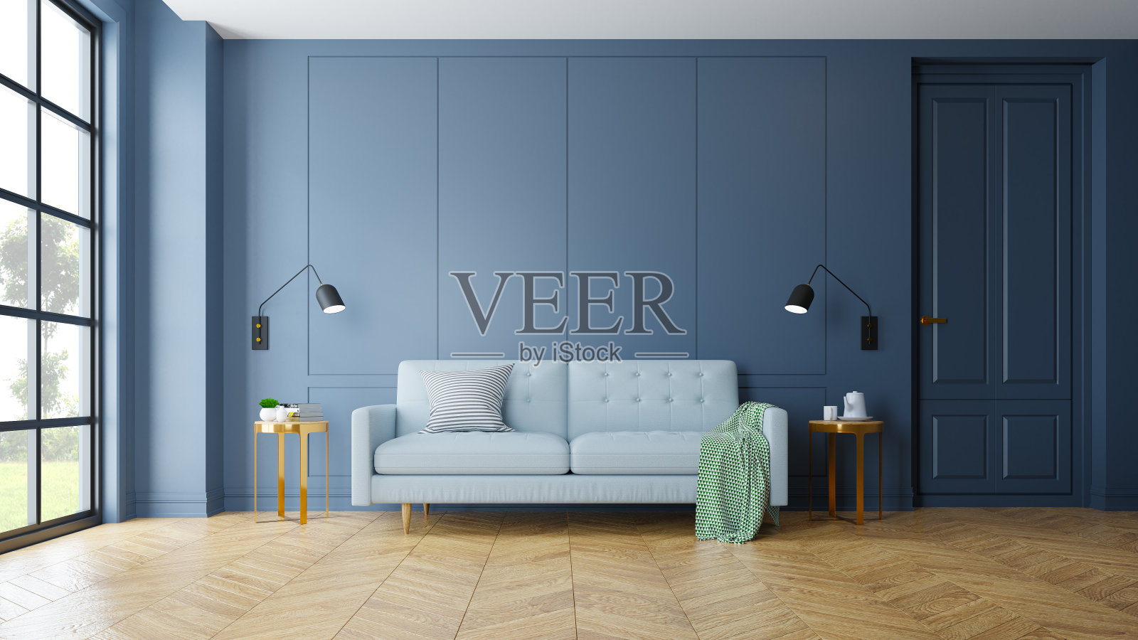 复古现代的客厅内饰，黑色台灯旁的蓝色沙发，parguet地板上的金色桌子和深蓝色的墙壁，3d渲染插画图片素材
