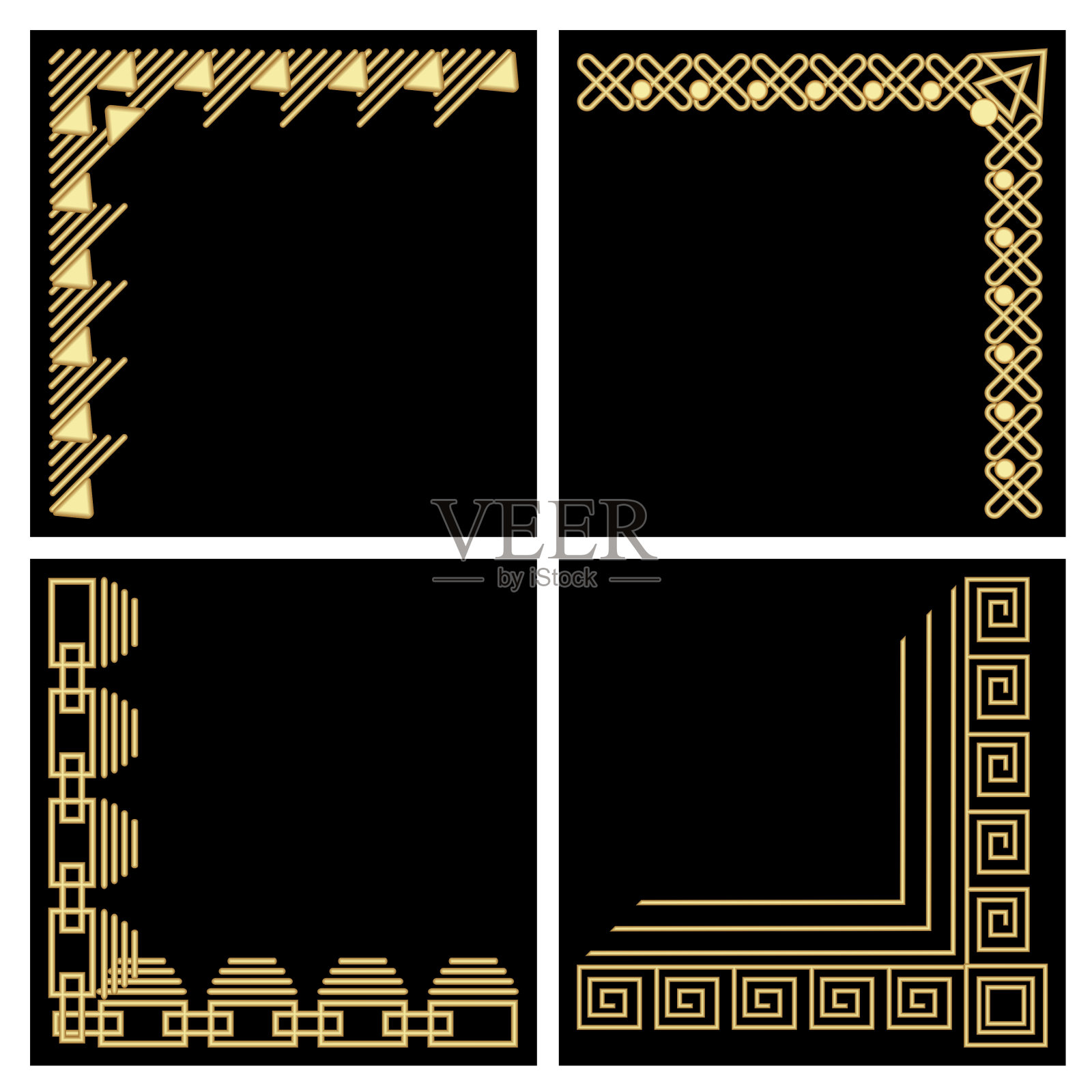 装饰框角，金色材料，装饰艺术风格的金银丝装饰图案，黑色背景，插画图片素材