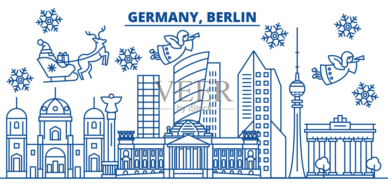 德国柏林冬季城市天际线。圣诞快乐，新年快乐横幅上装饰着圣诞老人。冬季贺卡。平,轮廓向量。线形圣诞雪插画插画图片素材