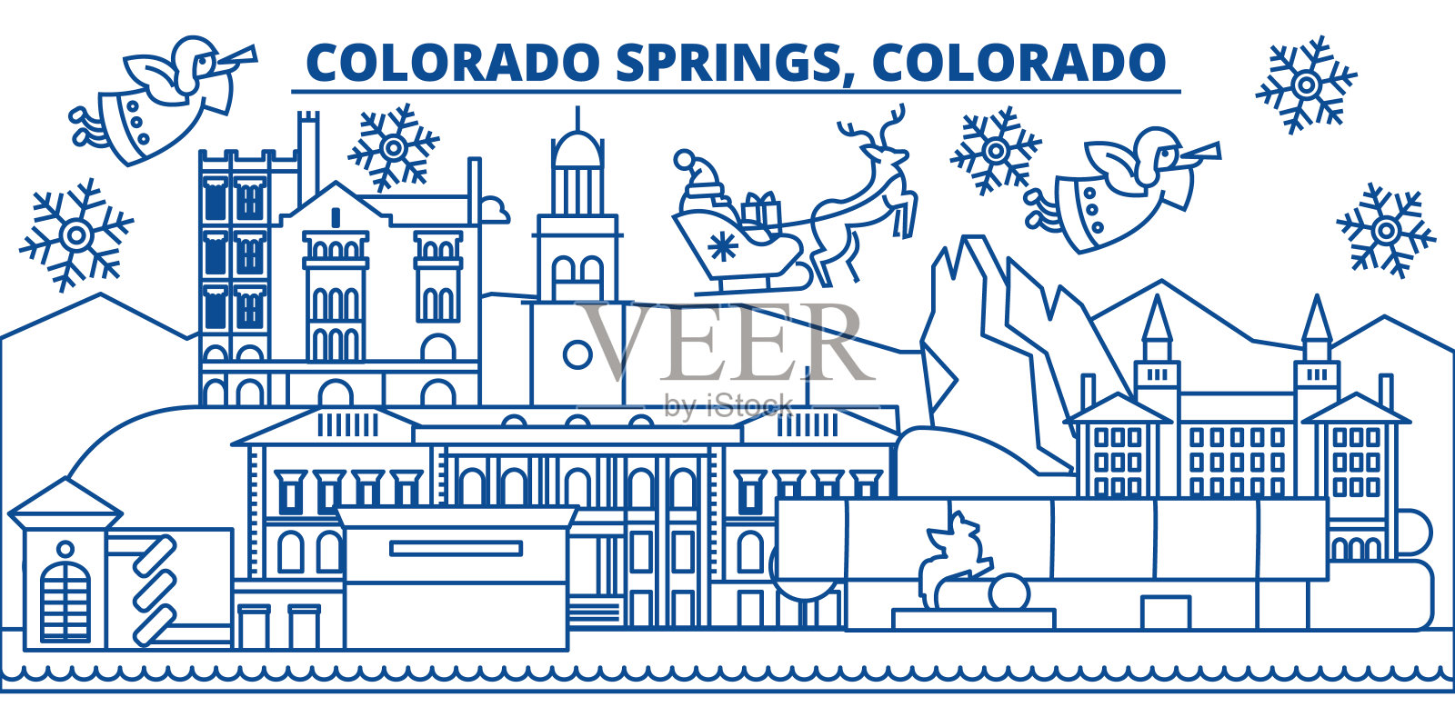 美国科罗拉多州，科罗拉多斯普林斯冬季城市的天际线。圣诞快乐，新年快乐的横幅装饰。冬天的贺卡上有雪花和圣诞老人。平,行向量。线性圣诞插图插画图片素材