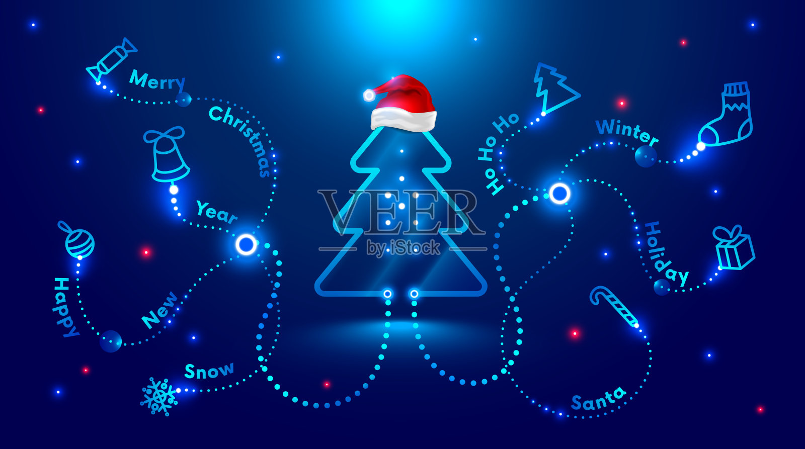圣诞贺卡的风格新技术、工程、电子。圣诞树上戴着红色的圣诞老人帽，周围都是圣诞和新年的象征。圣诞销售和市场营销设计模板素材