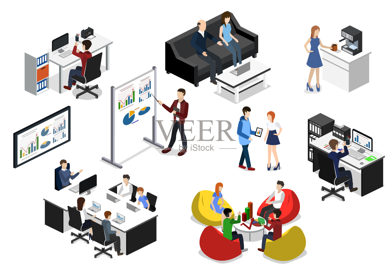 为创建一个商业中心或办公室的对象的等距三维矢量插图概念集插画图片素材