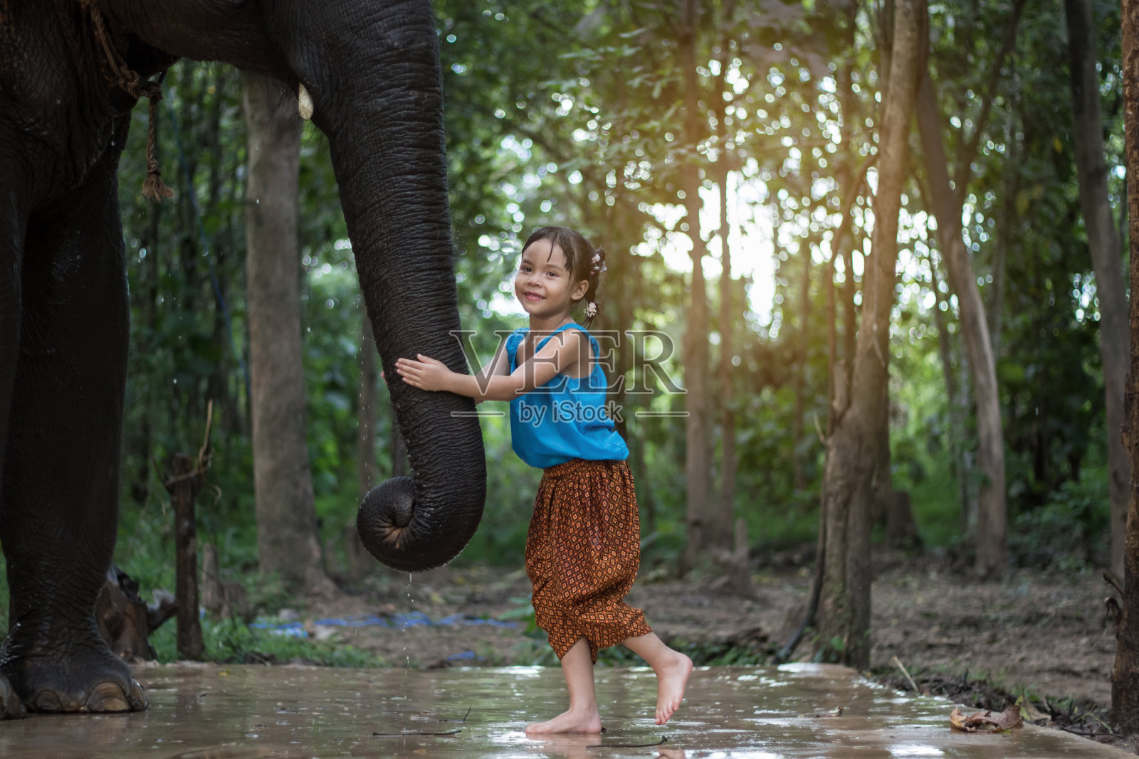 亚洲女孩在雨中和大象玩照片摄影图片