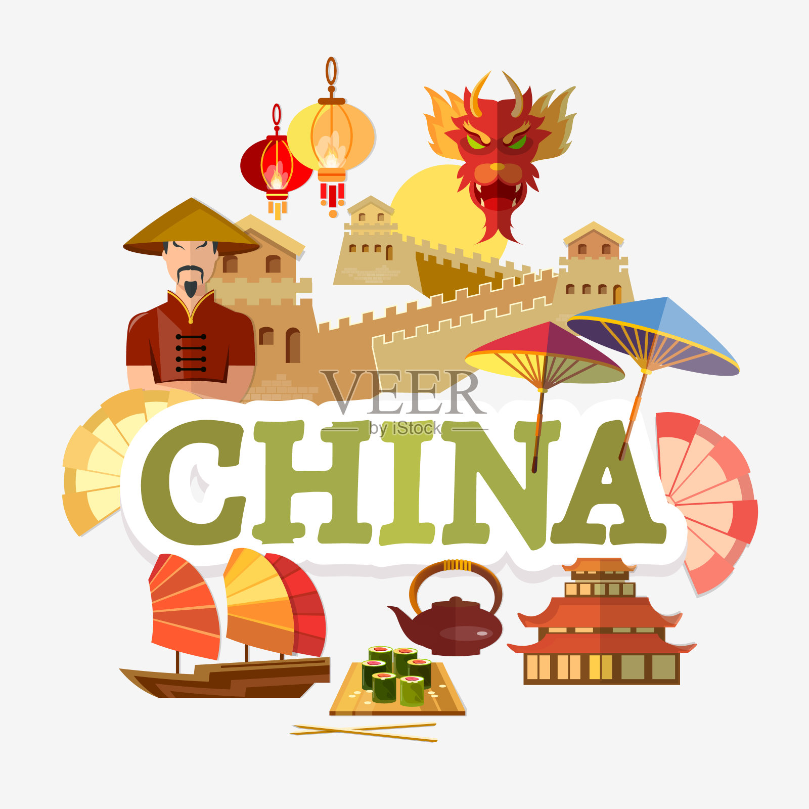 前往中国。传统和文化。收集中国传统文化元素和中国理念。模板旅游背景插画图片素材