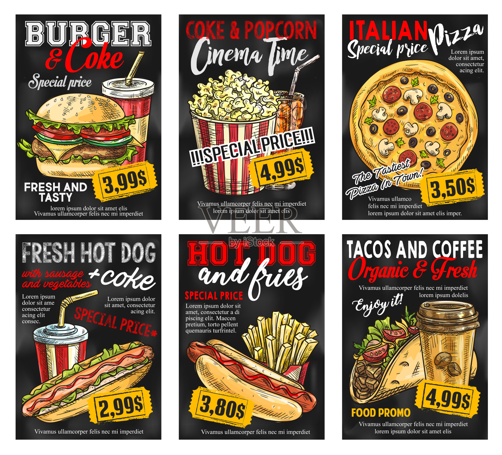 在黑板上的快餐店菜单价格卡插画图片素材