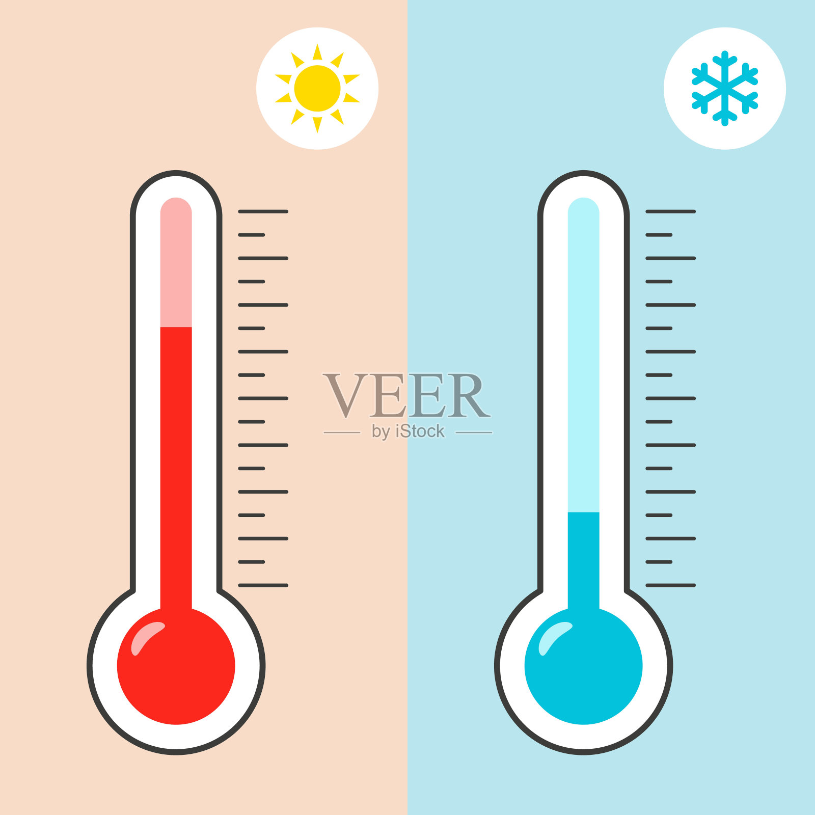 气象温度计显示热和冷。矢量平面插图。插画图片素材