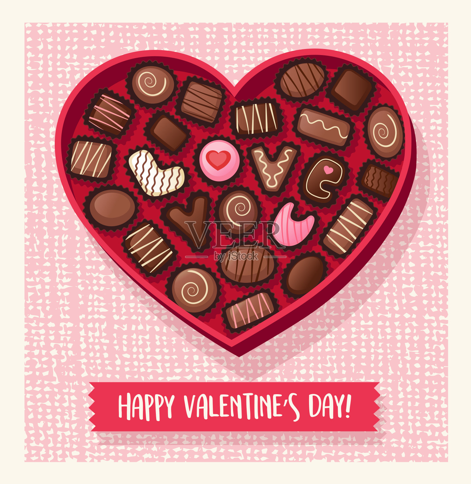 心形的情人节糖果盒，上面有写着“爱你”的巧克力夹心糖。矢量插图。插画图片素材