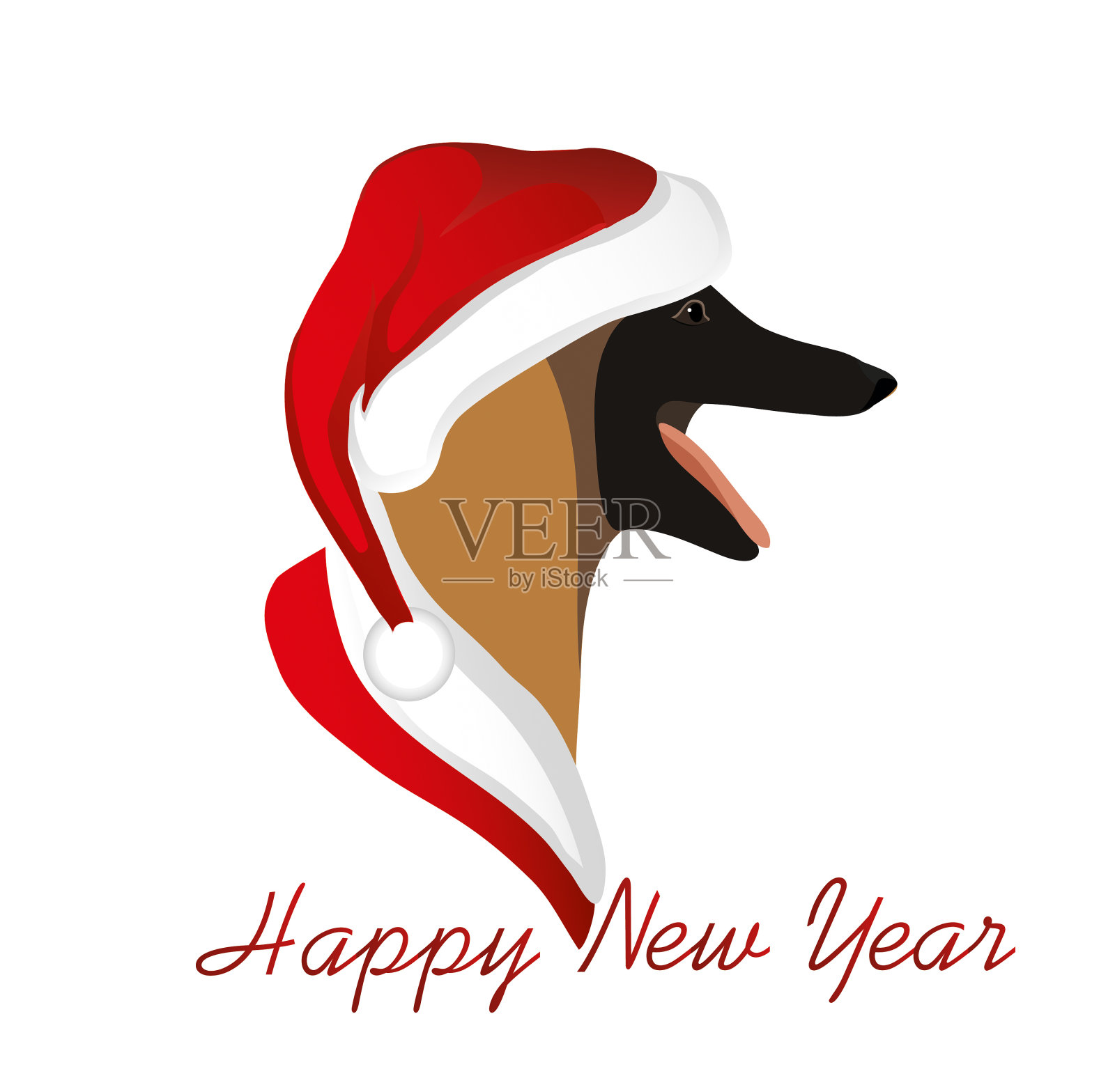 一只戴着圣诞老人帽子的狗。比利时牧羊犬马利诺斯犬。2018年的象征。向量。贺卡或圣诞请帖插画图片素材