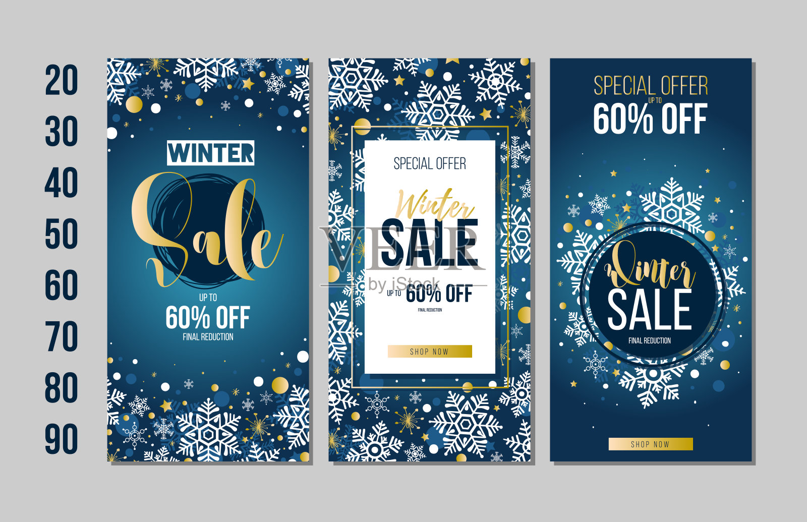 一套冬季销售传单模板与字母，雪花在蓝色的背景。冬季促销。海报、横幅、卡片、标签等设计。矢量插图。插画图片素材