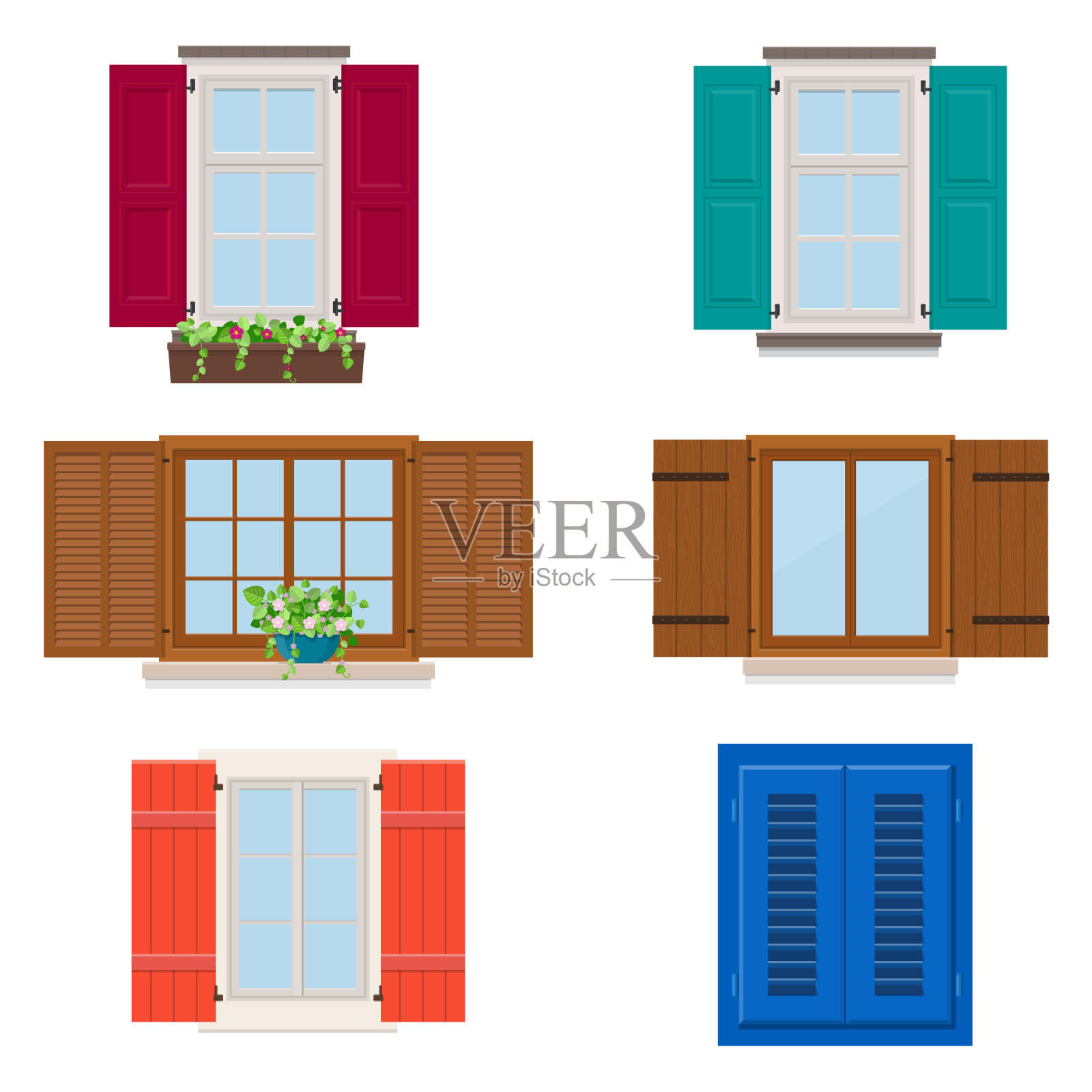 一套开放的彩色不同的窗户与百叶窗和鲜花插画图片素材
