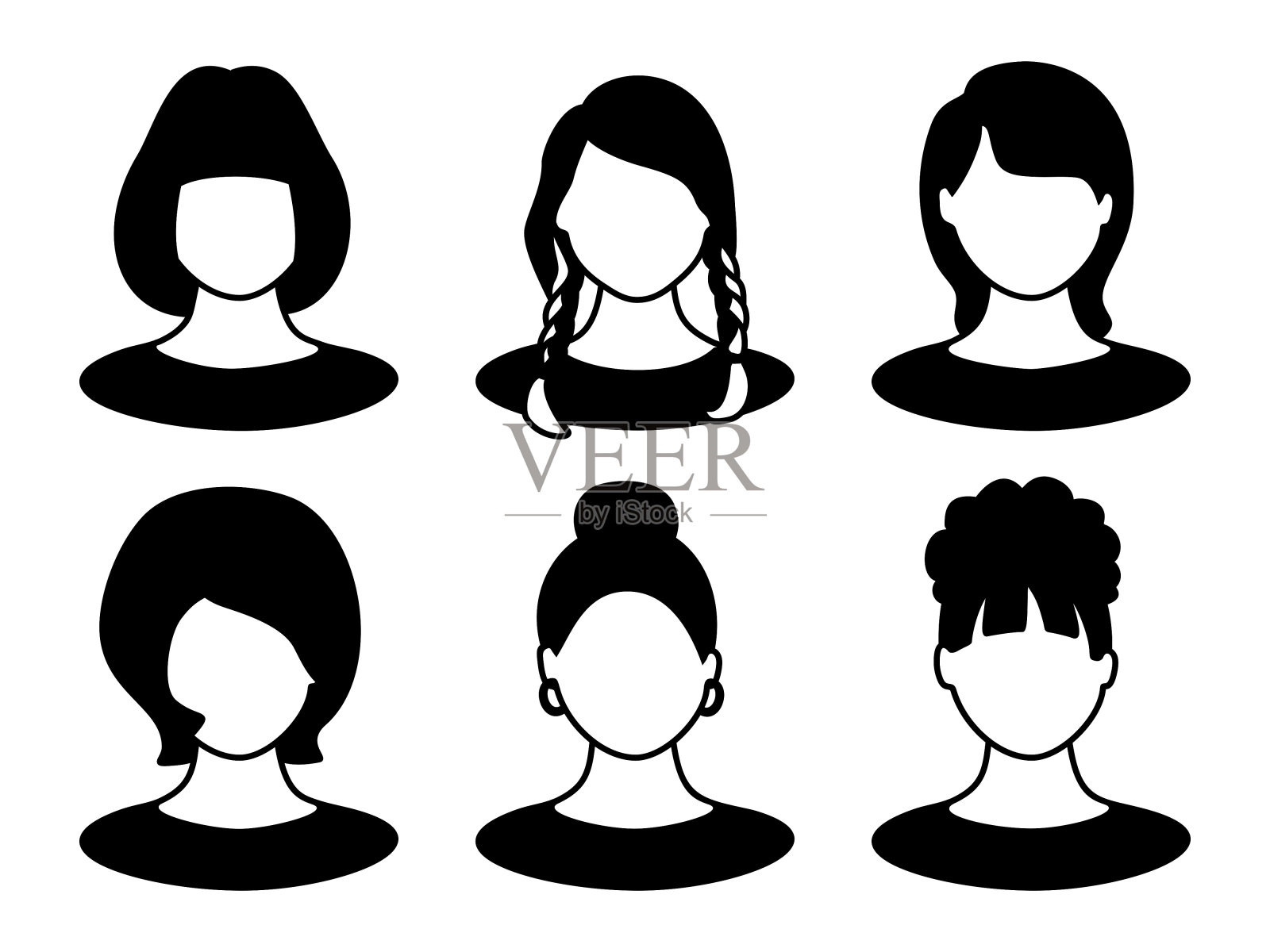 一组美丽的年轻女性的面孔头像在白色的背景。设计元素图片