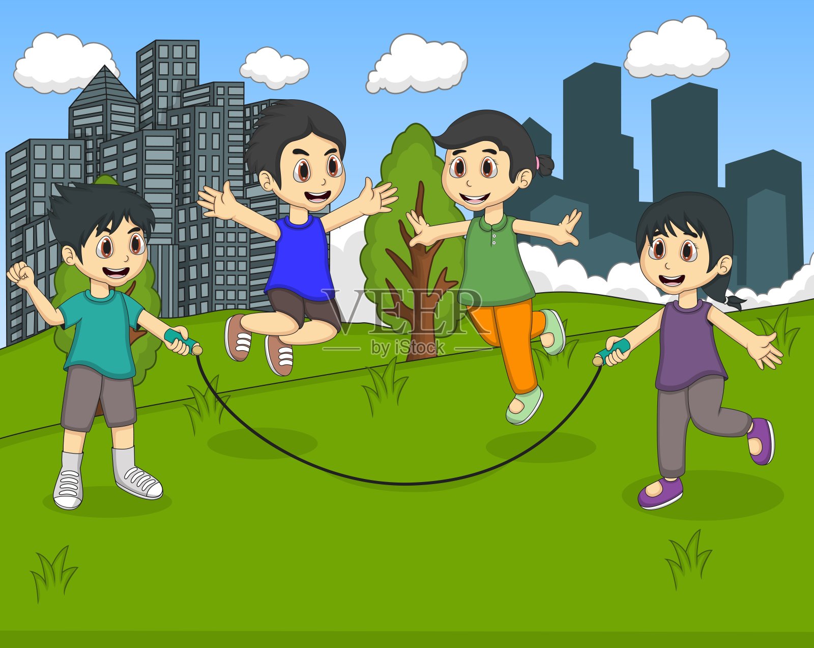 孩子们在卡通公园里玩跳绳插画图片素材