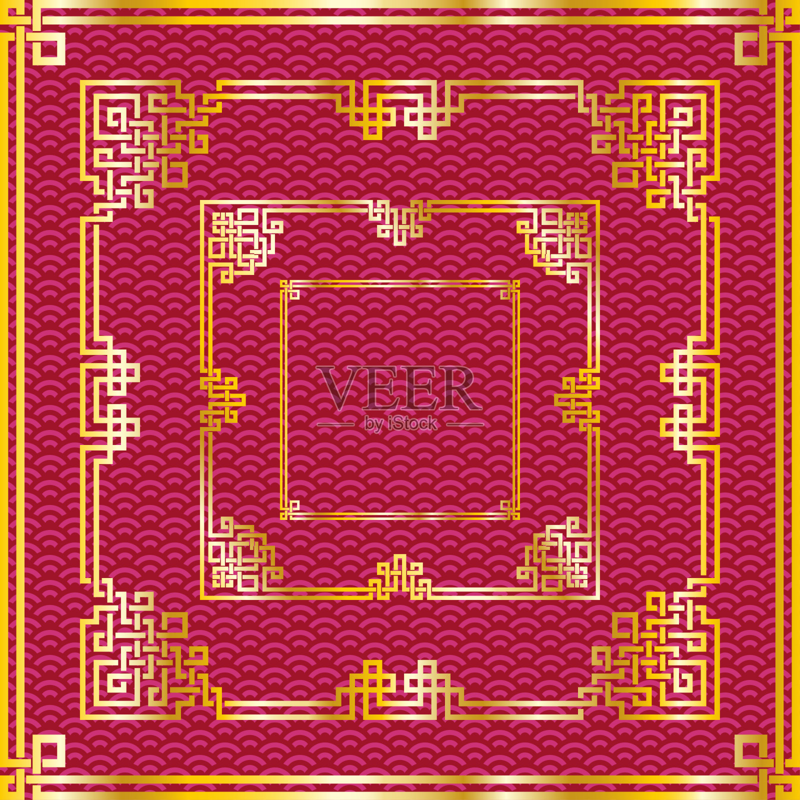一套传统东方中国金方框架上的图案红色背景装饰。矢量，层是孤立的插画图片素材
