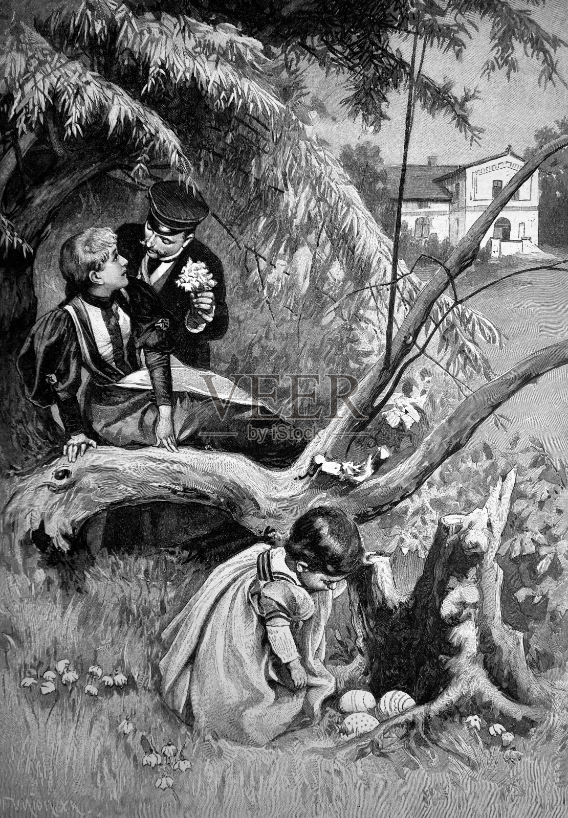 男人送给妻子一束春天的鲜花。孩子在草地上发现了复活节彩蛋。复活节时间动机- 1896插画图片素材