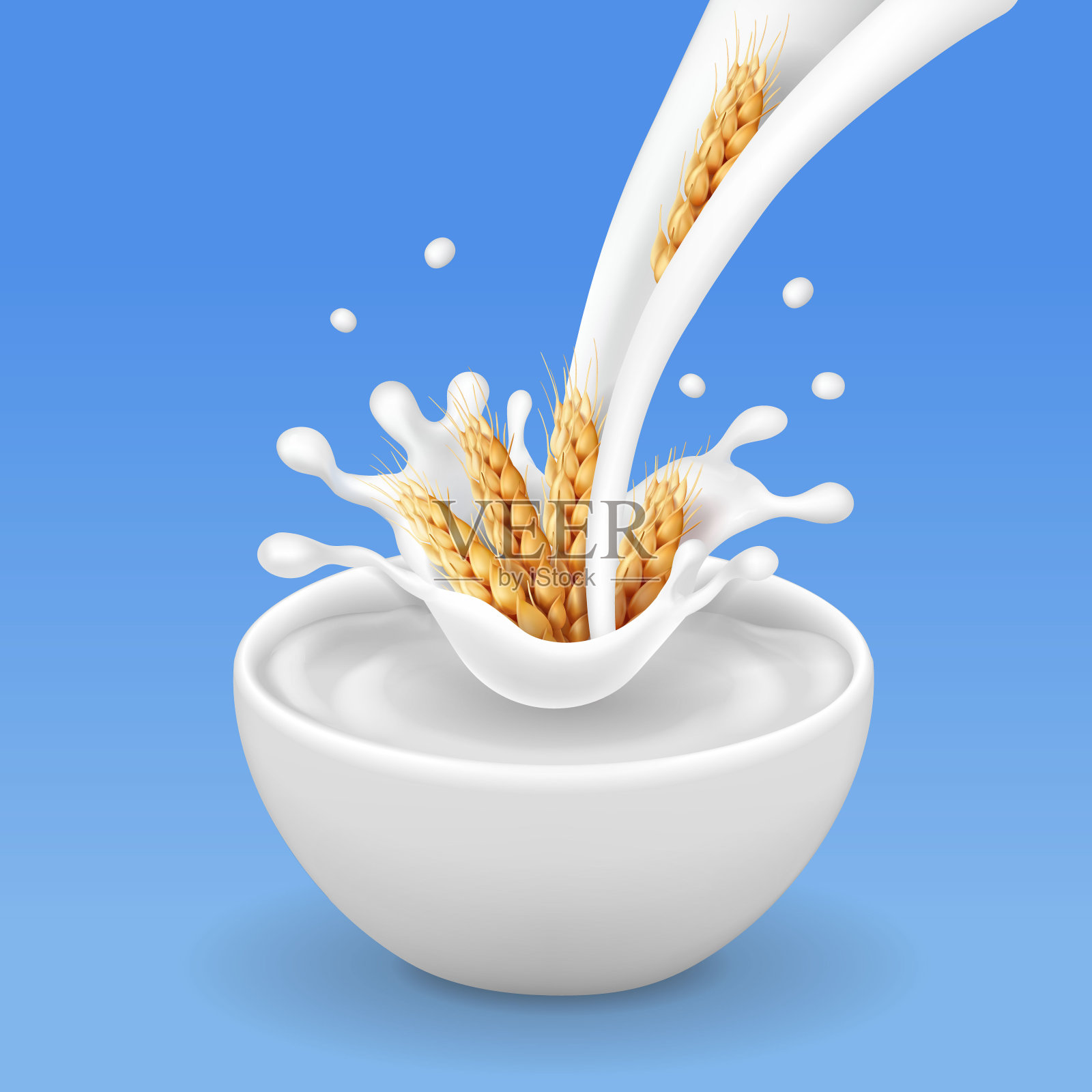 谷物和酸奶、麦穗溅牛奶的现实载体插画图片素材